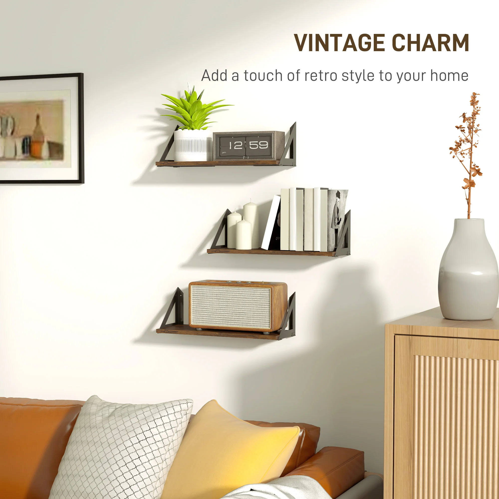 HOMCOM Set Of 3 Vintage Wall Shelves For Living Room Rustic Brown - Image 6