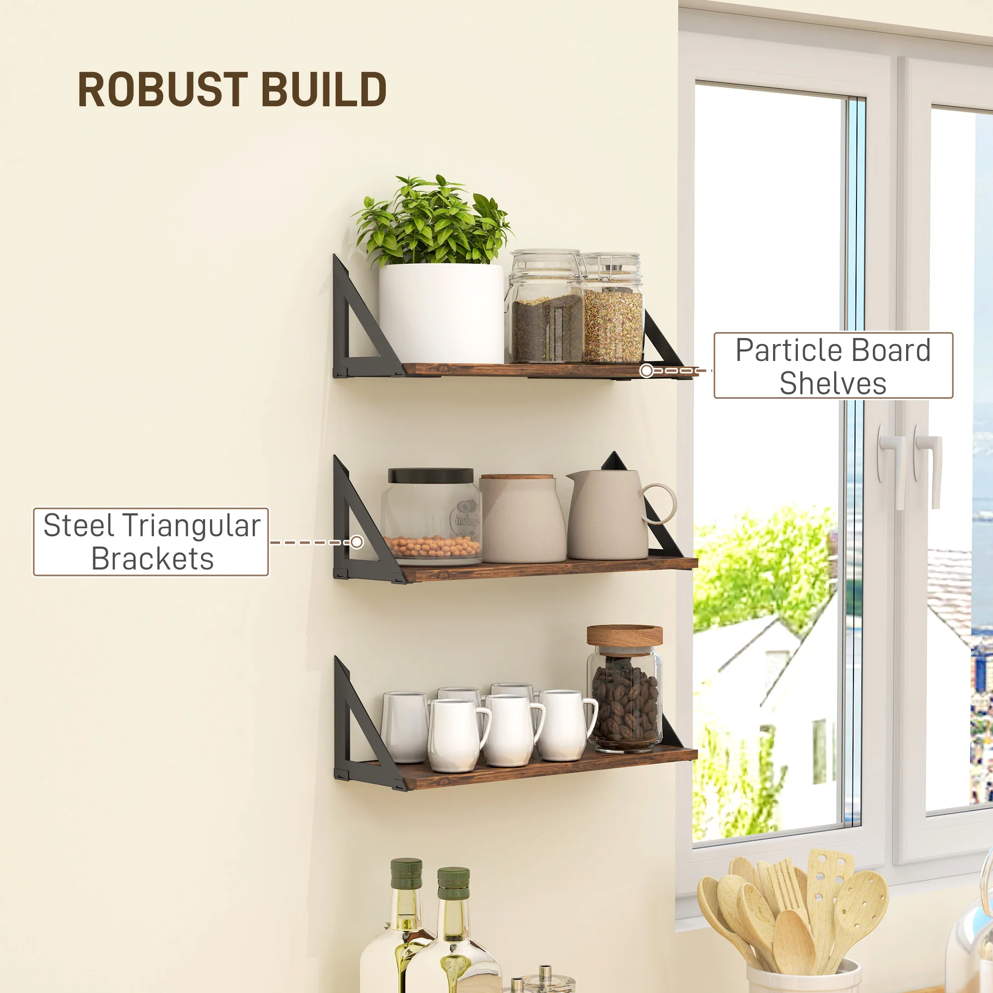 HOMCOM Set Of 3 Vintage Wall Shelves For Living Room Rustic Brown - Image 7