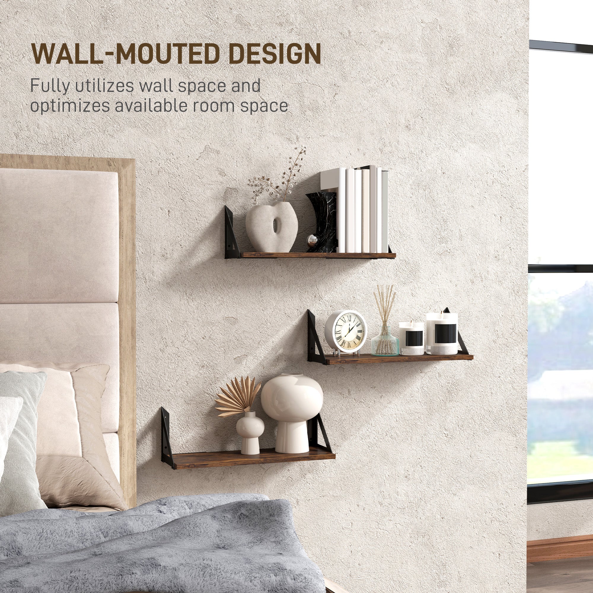 HOMCOM Set Of 3 Vintage Wall Shelves For Living Room Rustic Brown - Image 8