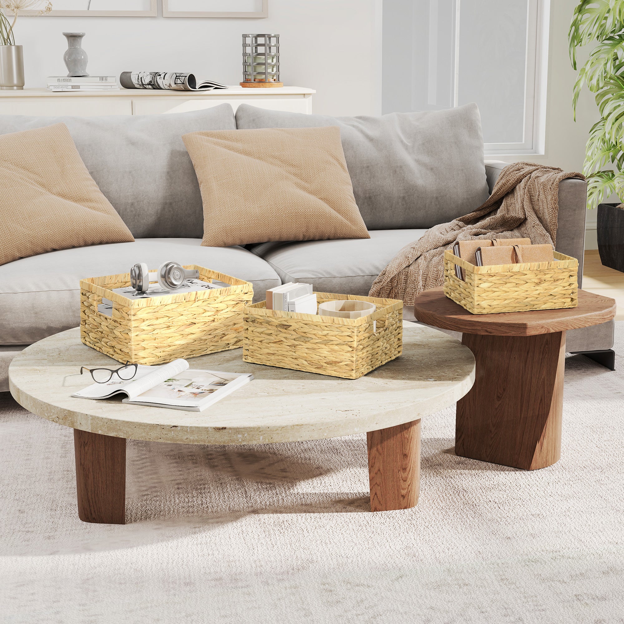 HOMCOM Set of 3 Wicker Storage Baskets, Woven Baskets with Handles, Natural - Image 2
