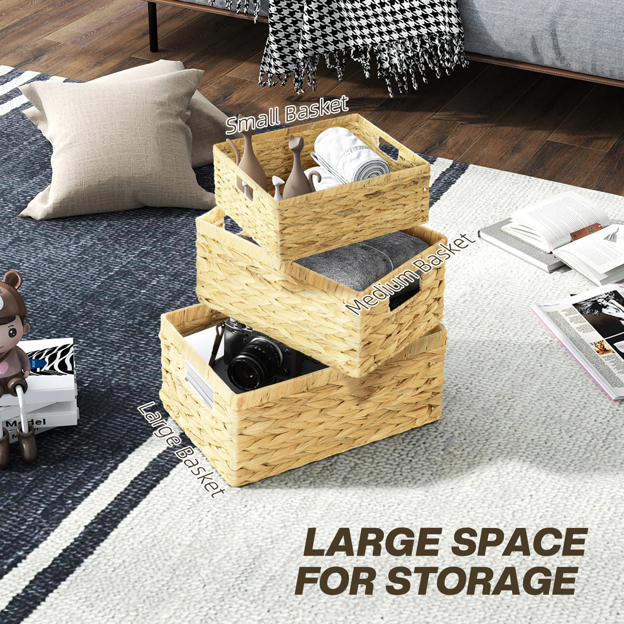 HOMCOM Set of 3 Wicker Storage Baskets, Woven Baskets with Handles, Natural - Image 3