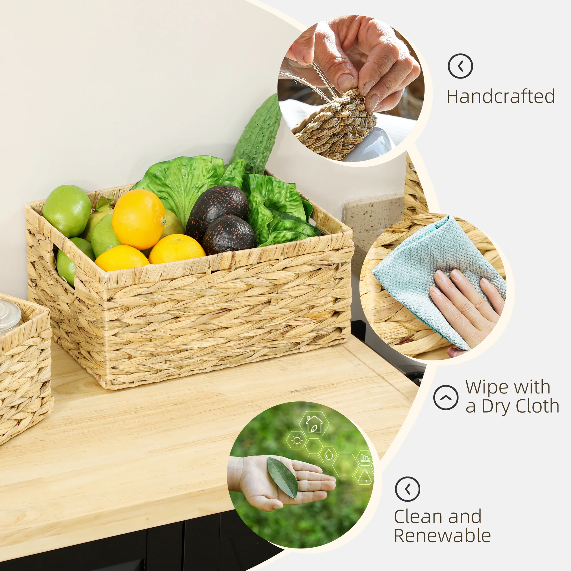 HOMCOM Set of 3 Wicker Storage Baskets, Woven Baskets with Handles, Natural - Image 6