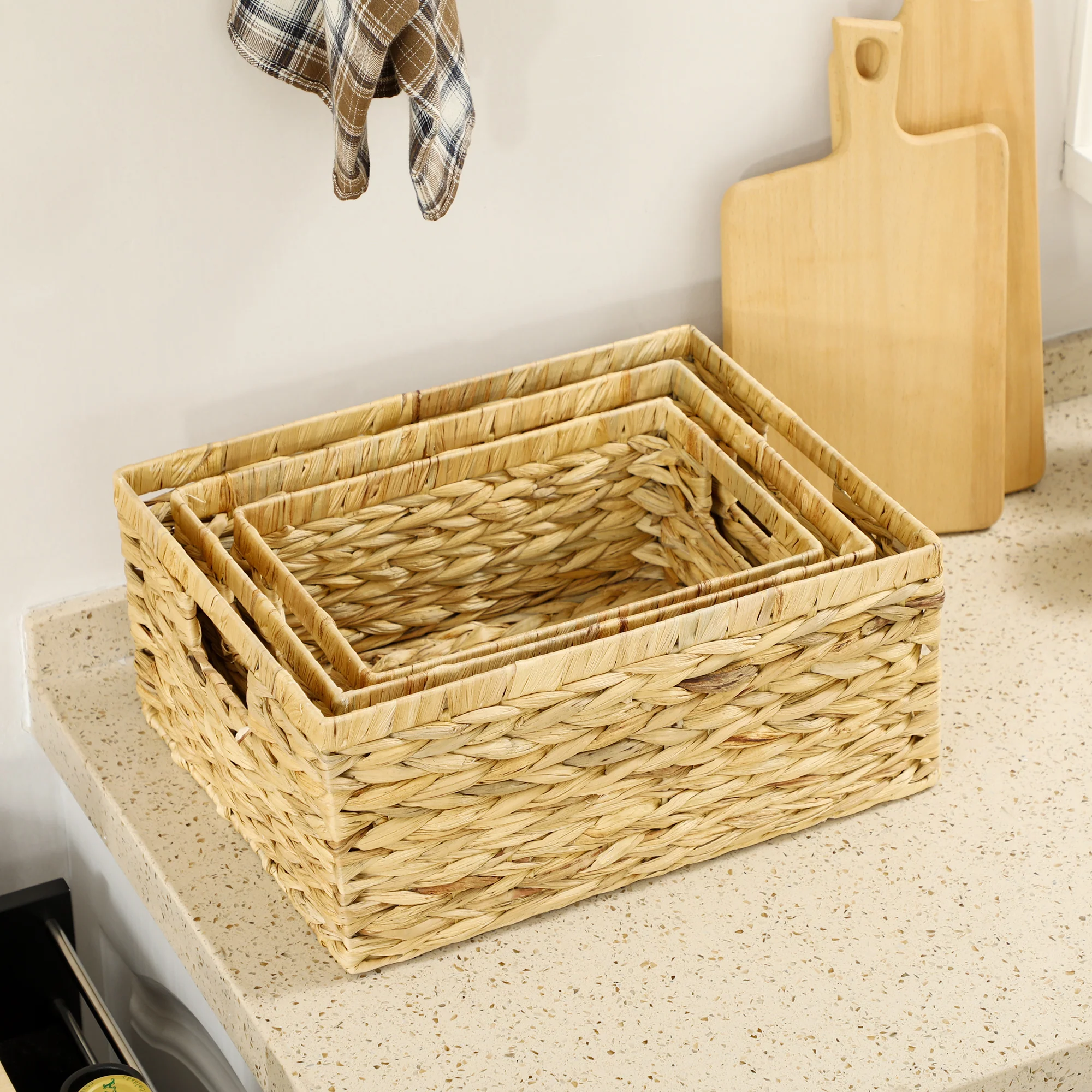 HOMCOM Set of 3 Wicker Storage Baskets, Woven Baskets with Handles, Natural - Image 8