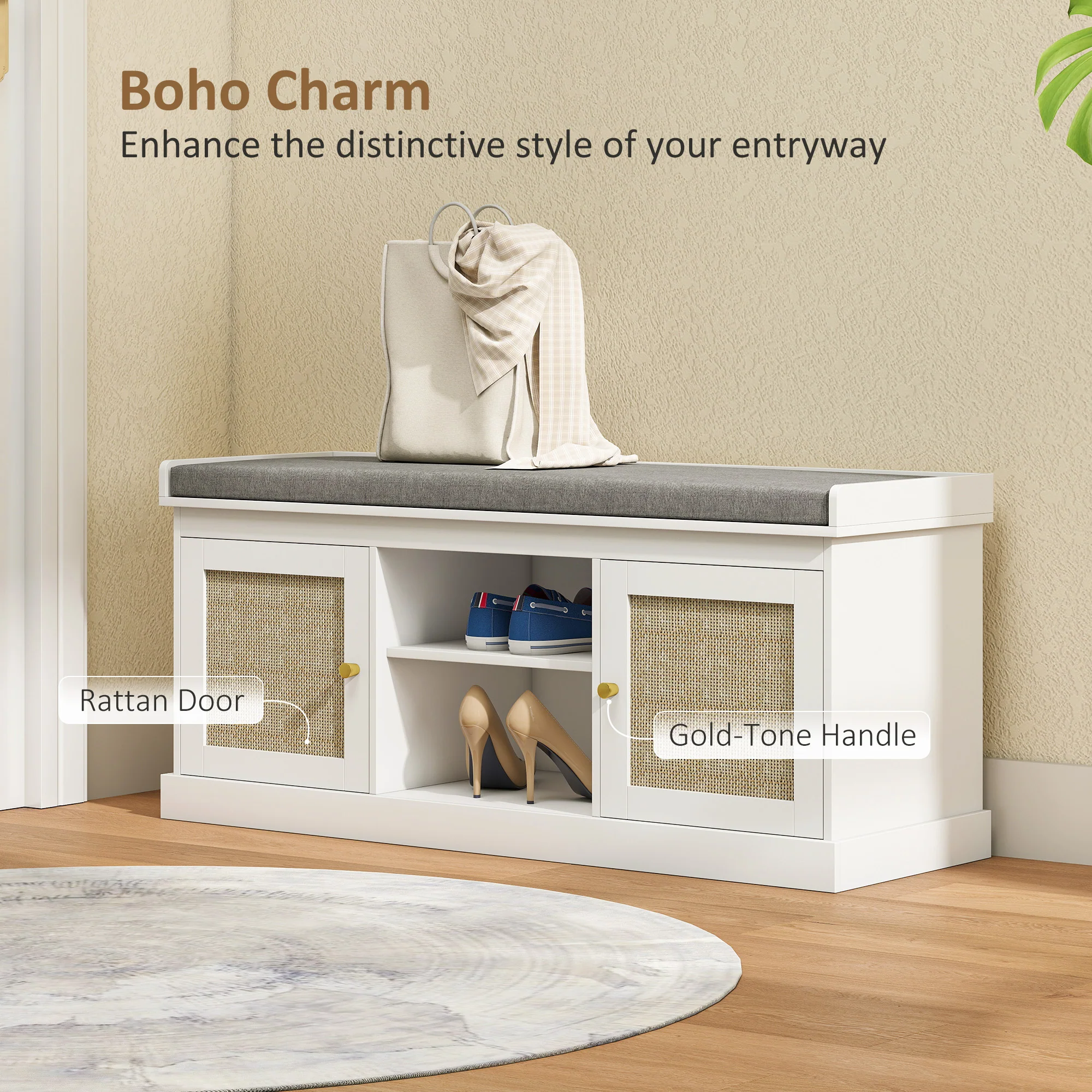 HOMCOM Shoe Bench, Boho Shoe Storage Bench With Padded Cushion, White - Image 3
