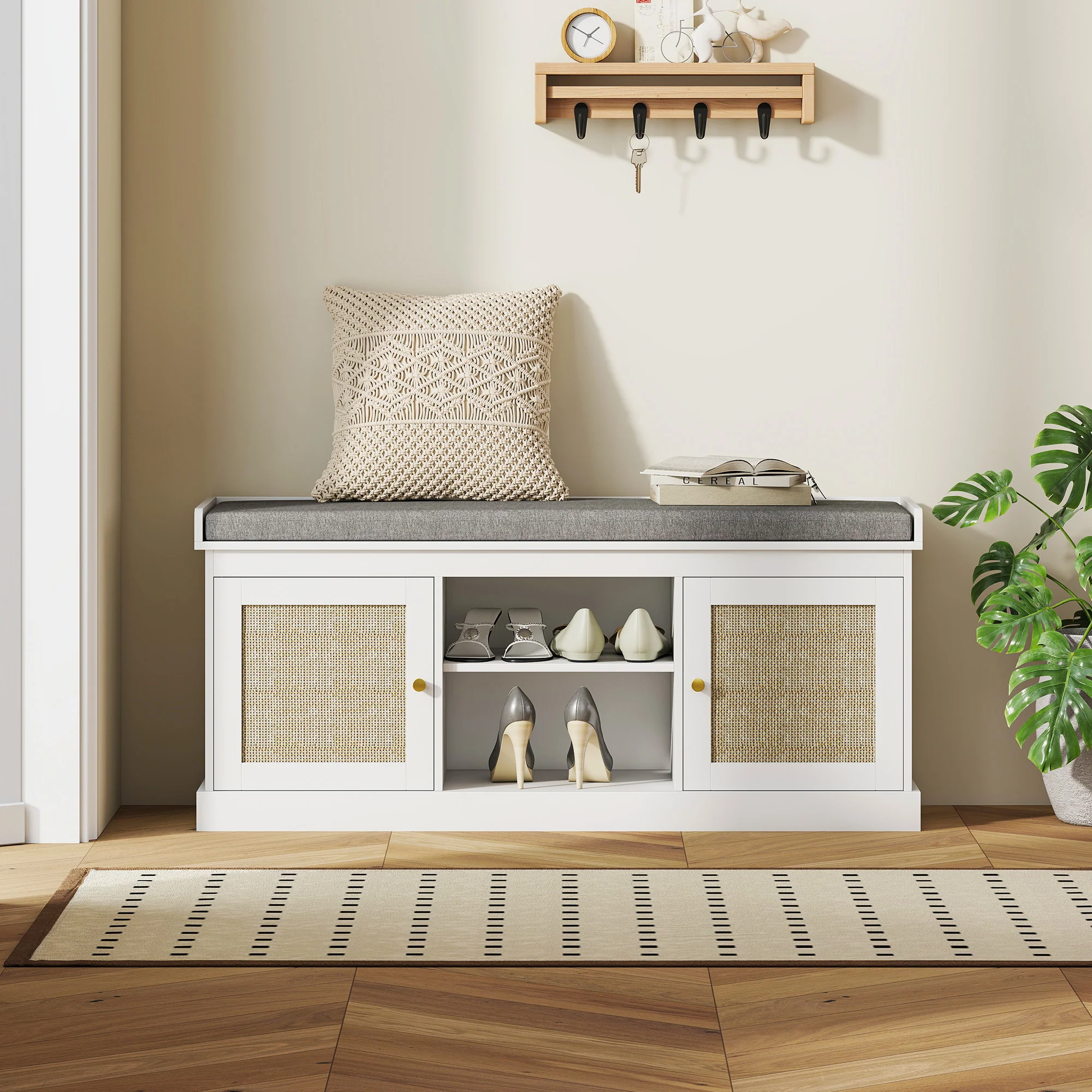 HOMCOM Shoe Bench, Boho Shoe Storage Bench With Padded Cushion, White - Image 9