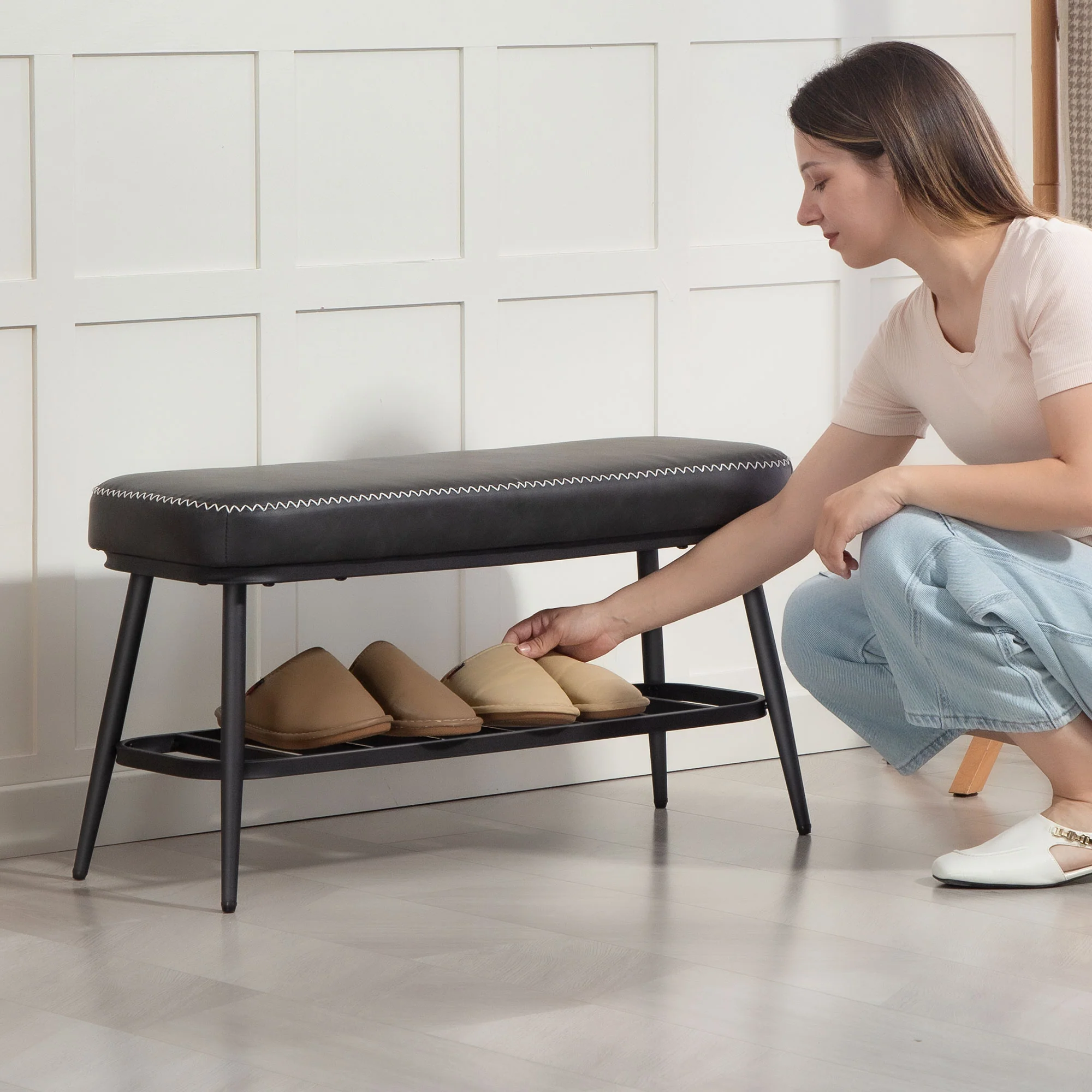 HOMCOM Shoe Bench, PU Leather Shoe Storage Bench for Entryway, - Image 8