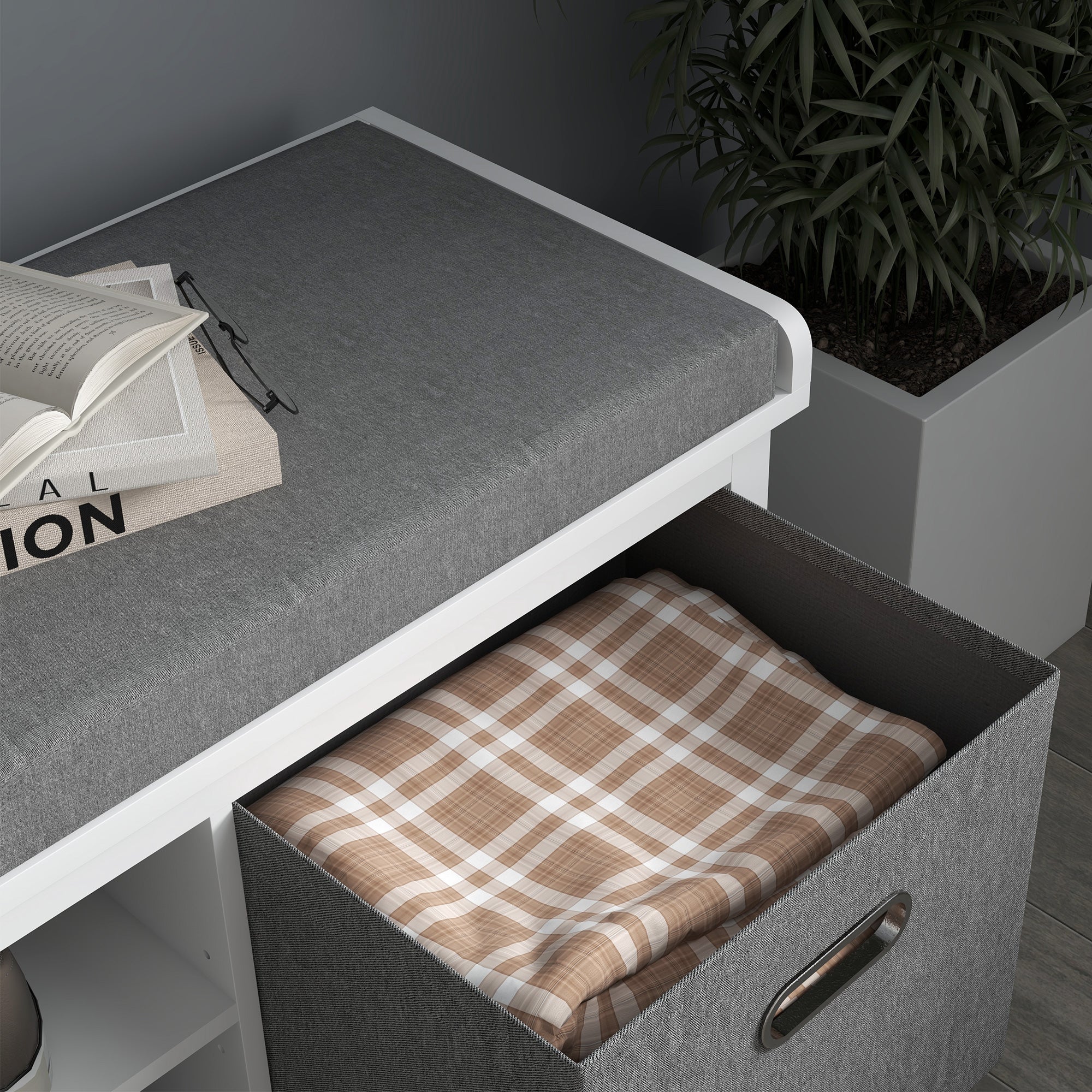 HOMCOM Shoe Bench With Cushioned Seat Fabric Drawers For Entryway Hallway White - Image 8