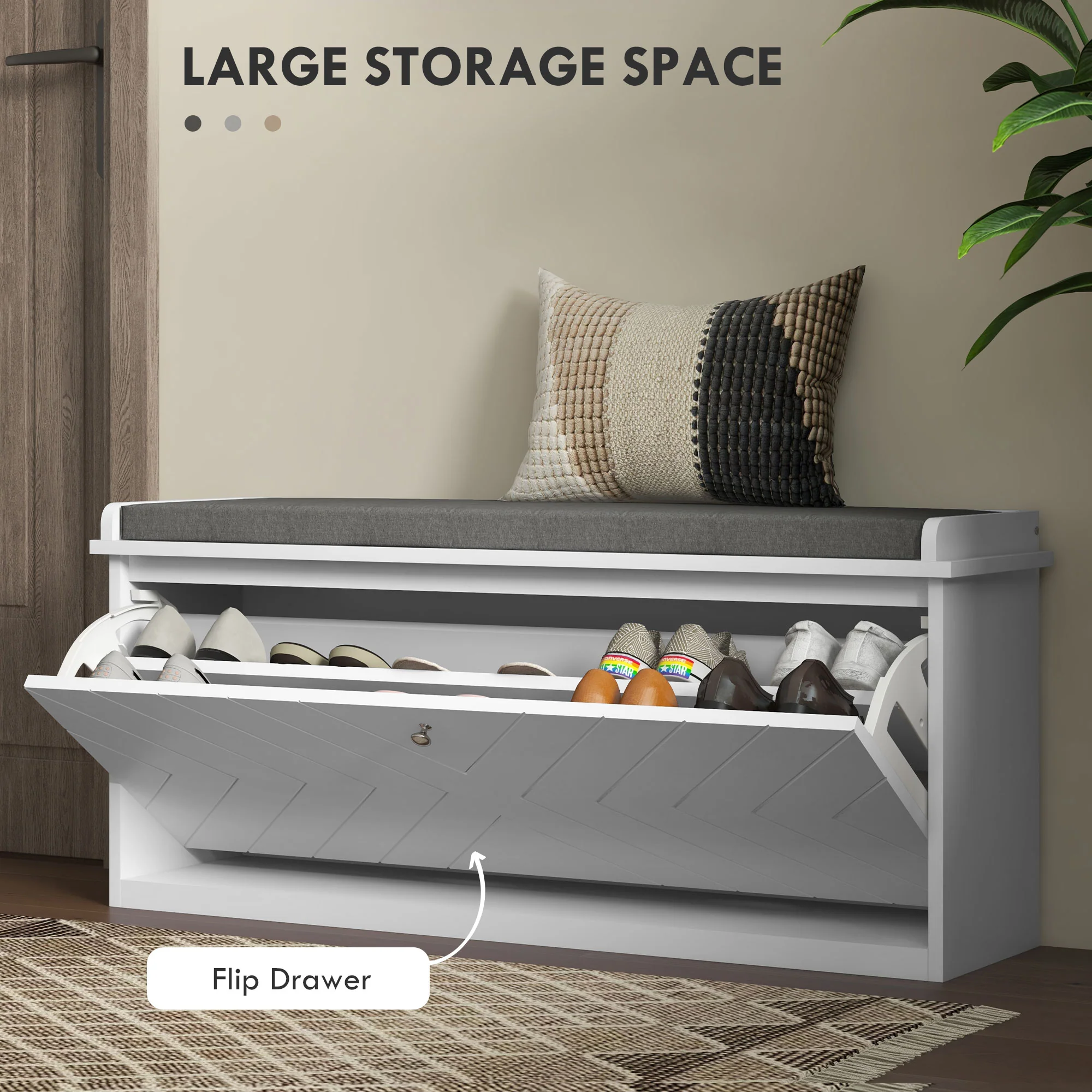 HOMCOM Shoe Bench With Flip Drawer, Cushion, 10 Pairs For Entryway White - Image 3