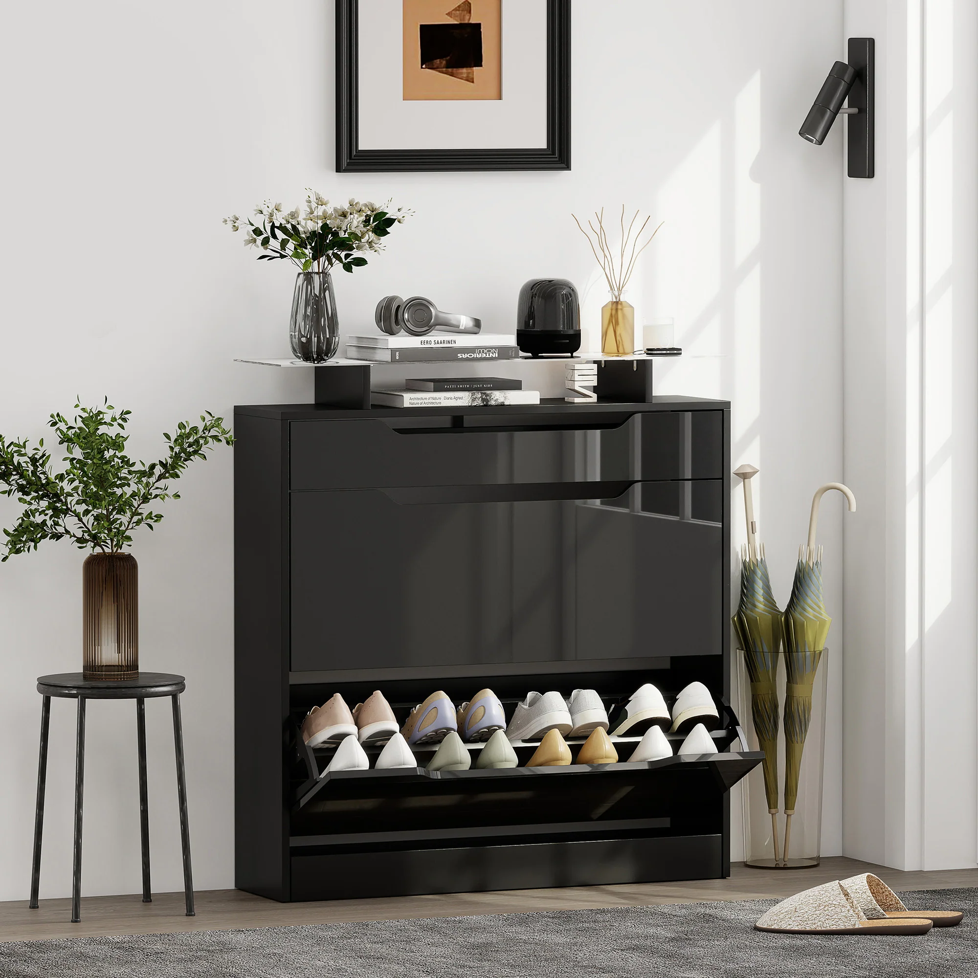 HOMCOM Shoe Cabinet With 3 Drawers, High Gloss Front Panels, Glass Top Black - Image 2