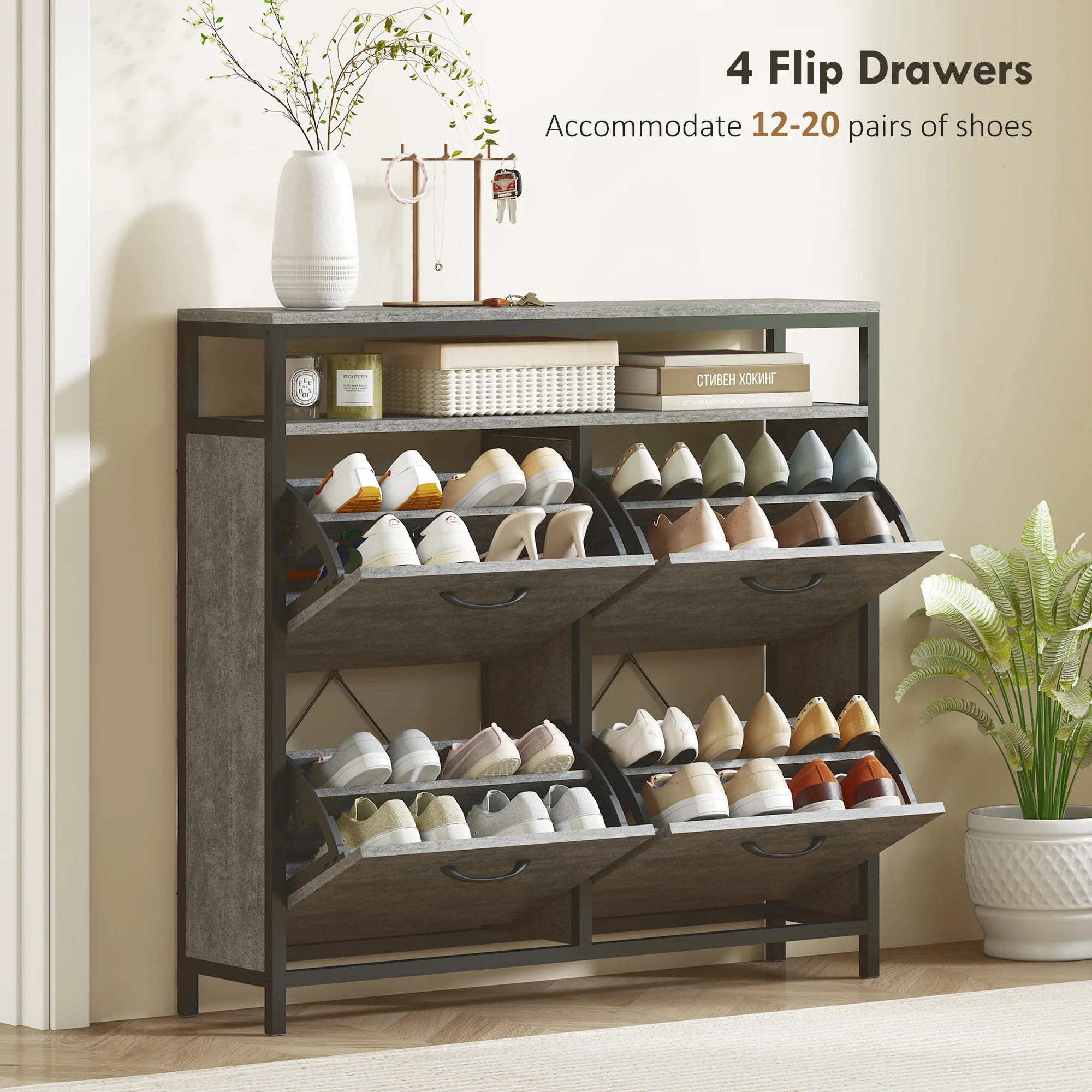 HOMCOM Shoe Cabinet With 4 Flip Drawers, Holds 12-20 Pairs - Image 3