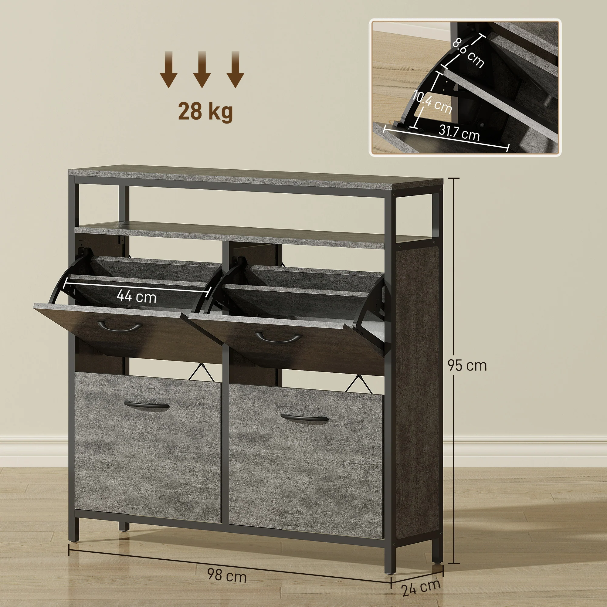 HOMCOM Shoe Cabinet With 4 Flip Drawers, Holds 12-20 Pairs - Image 5