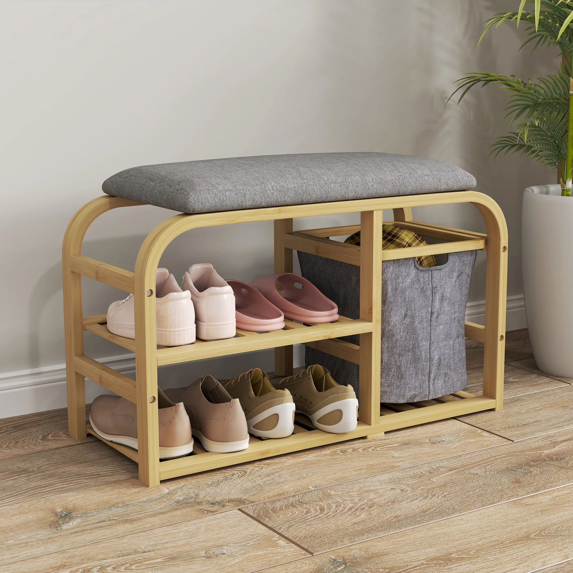 HOMCOM Shoe Rack Bench with Seat for Hallway, Entryway, Nature Wood Finish - Image 2