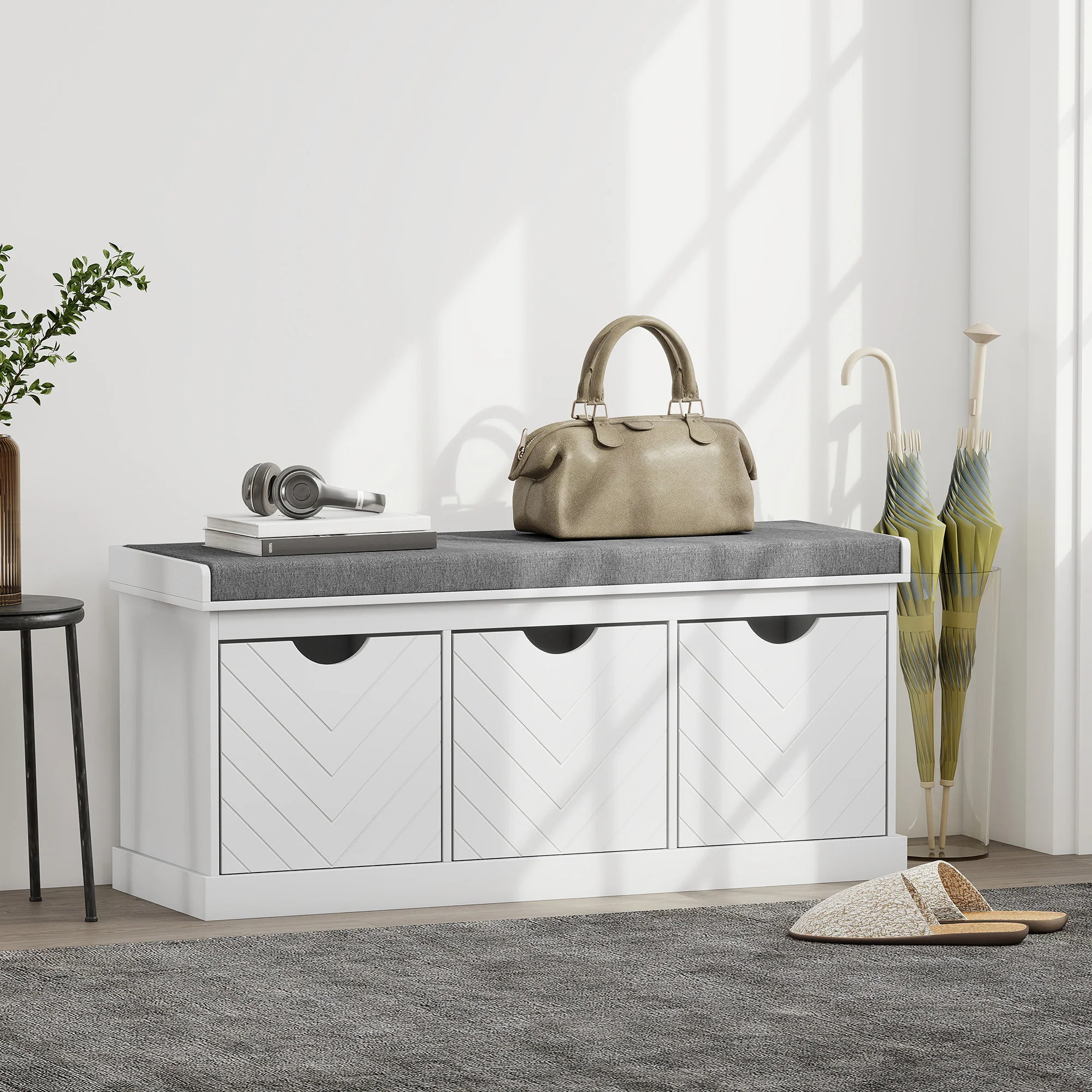 HOMCOM Shoe Storage Bench with 3 Removable Drawers and Padded Seat, White - Image 2