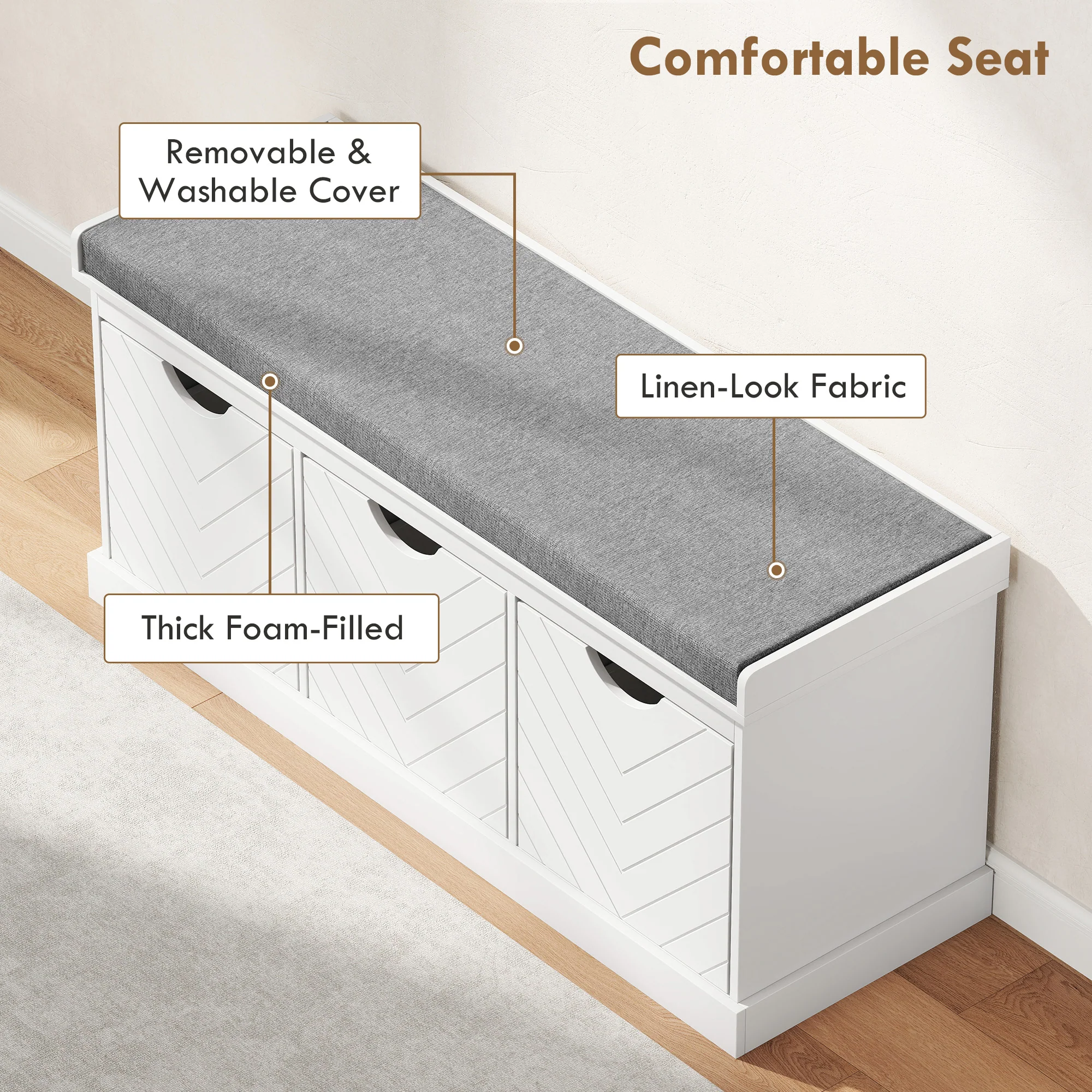 HOMCOM Shoe Storage Bench with 3 Removable Drawers and Padded Seat, White - Image 3