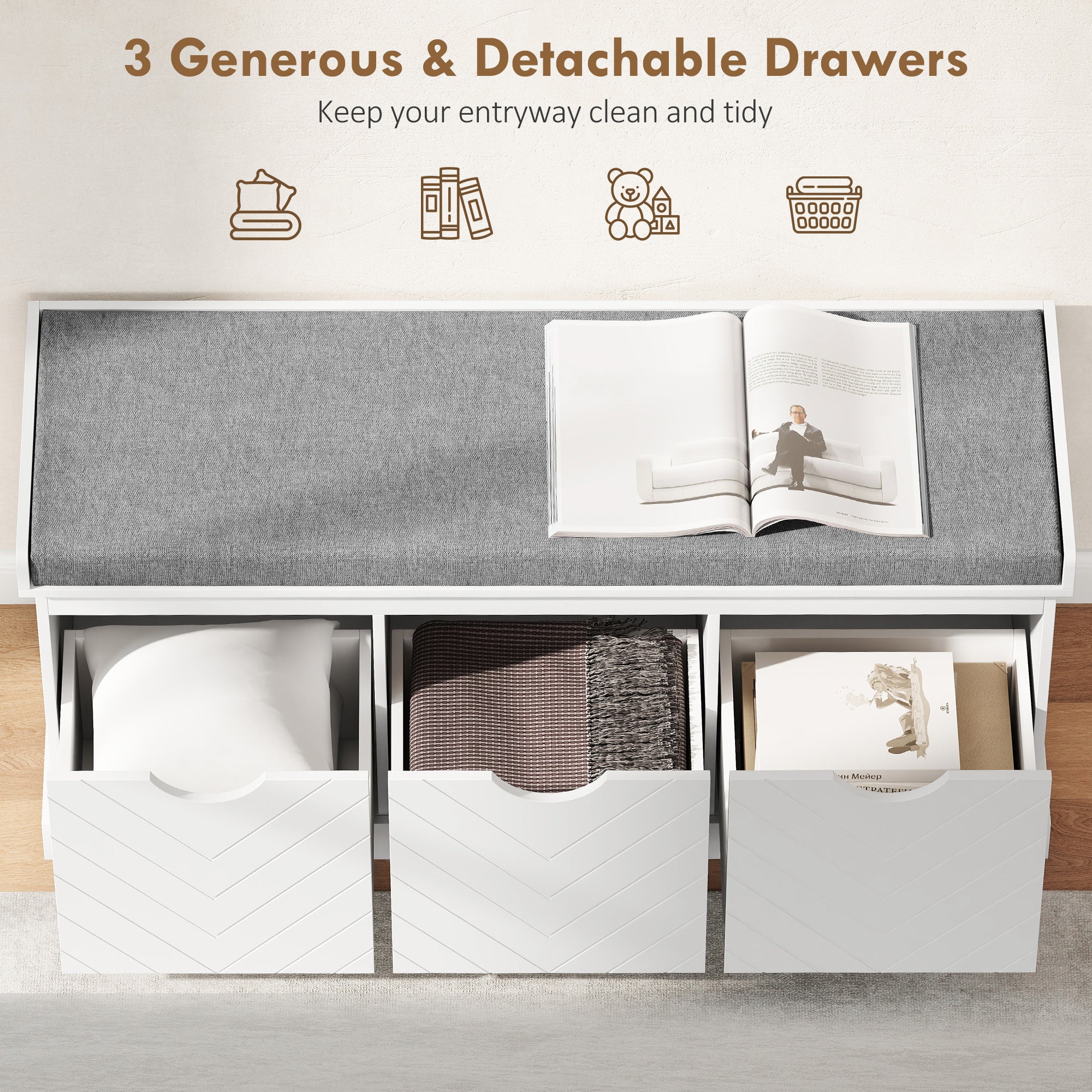 HOMCOM Shoe Storage Bench with 3 Removable Drawers and Padded Seat, White - Image 4
