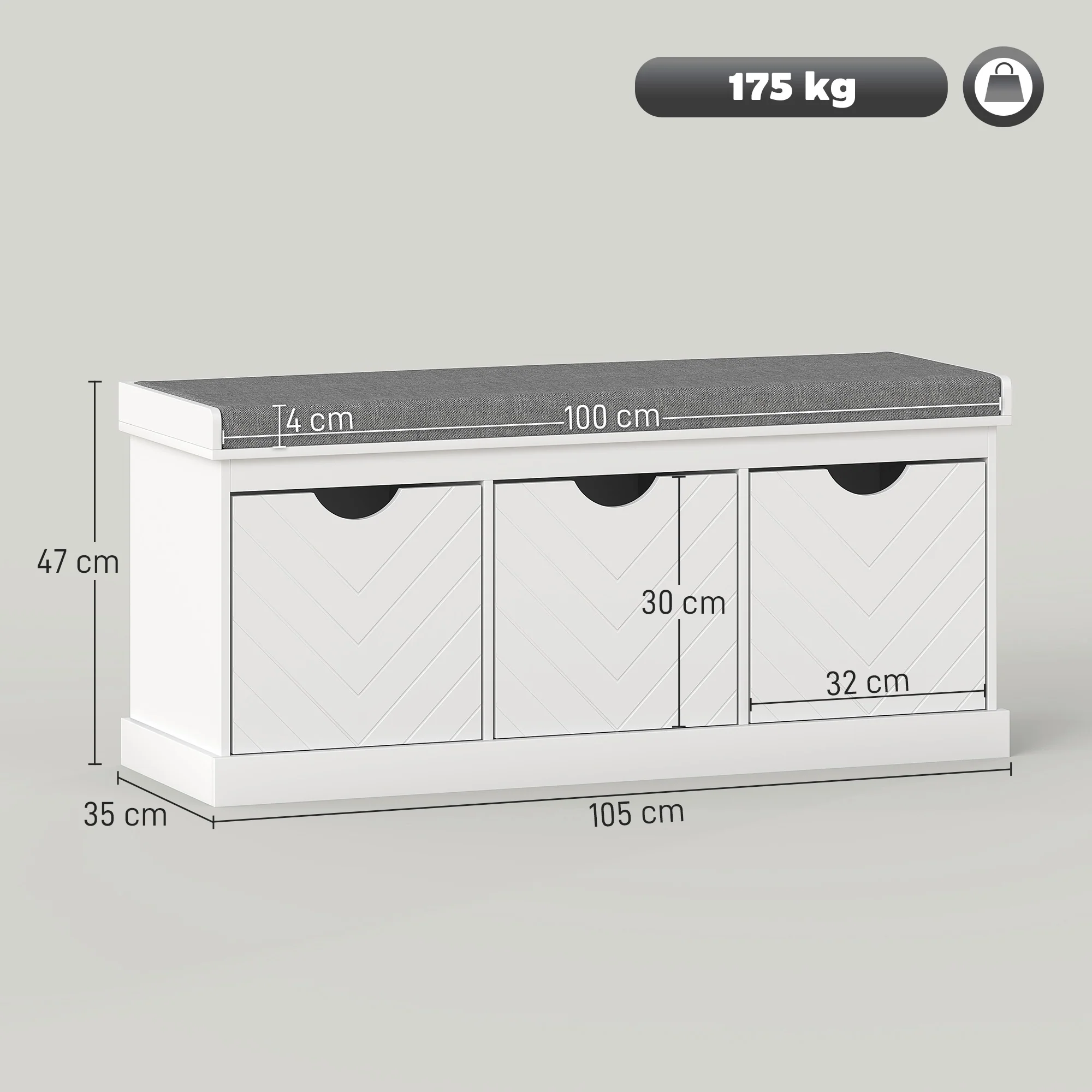 HOMCOM Shoe Storage Bench with 3 Removable Drawers and Padded Seat, White - Image 5