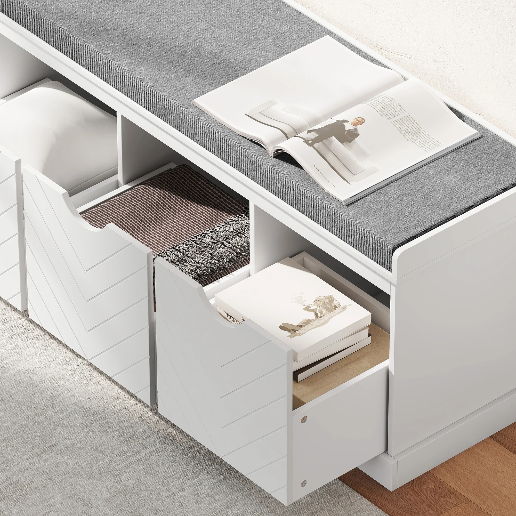 HOMCOM Shoe Storage Bench with 3 Removable Drawers and Padded Seat, White - Image 9