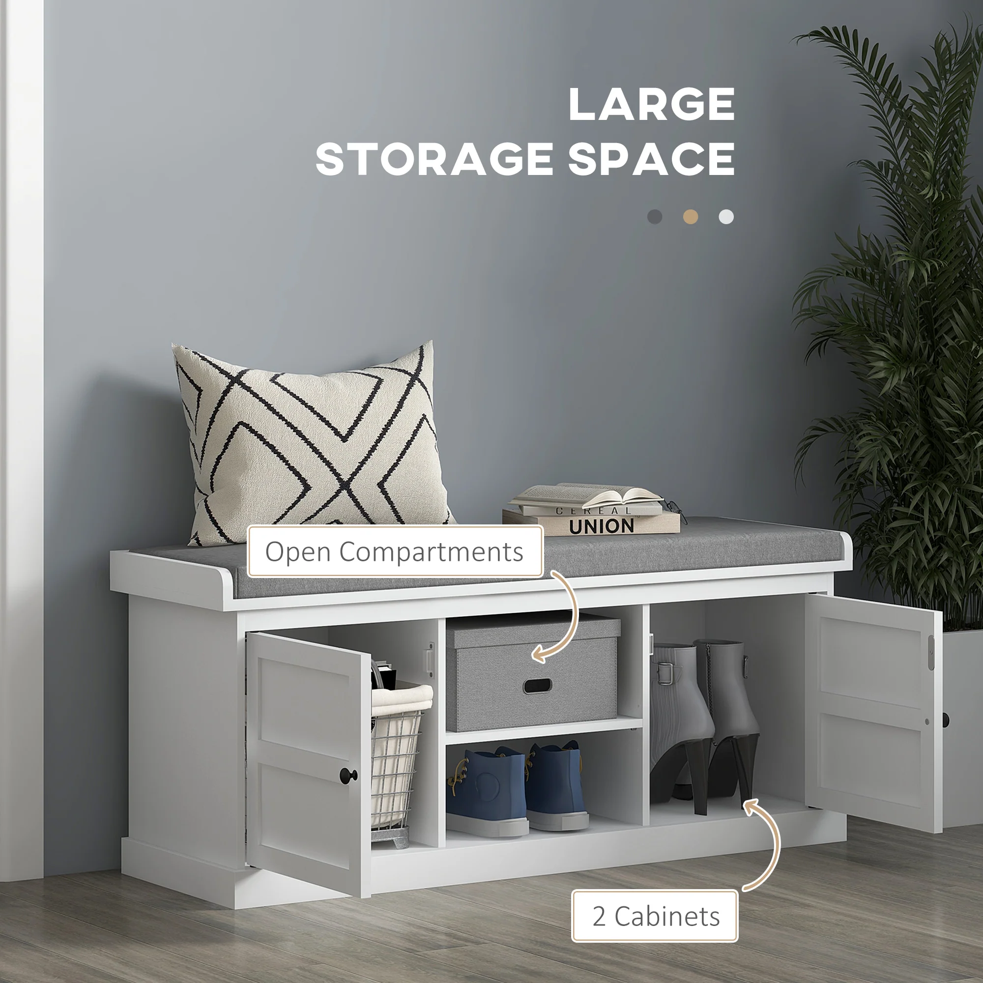 HOMCOM Shoe Storage Bench with Cushion 2 Cabinets for Entryway Hallway White - Image 4