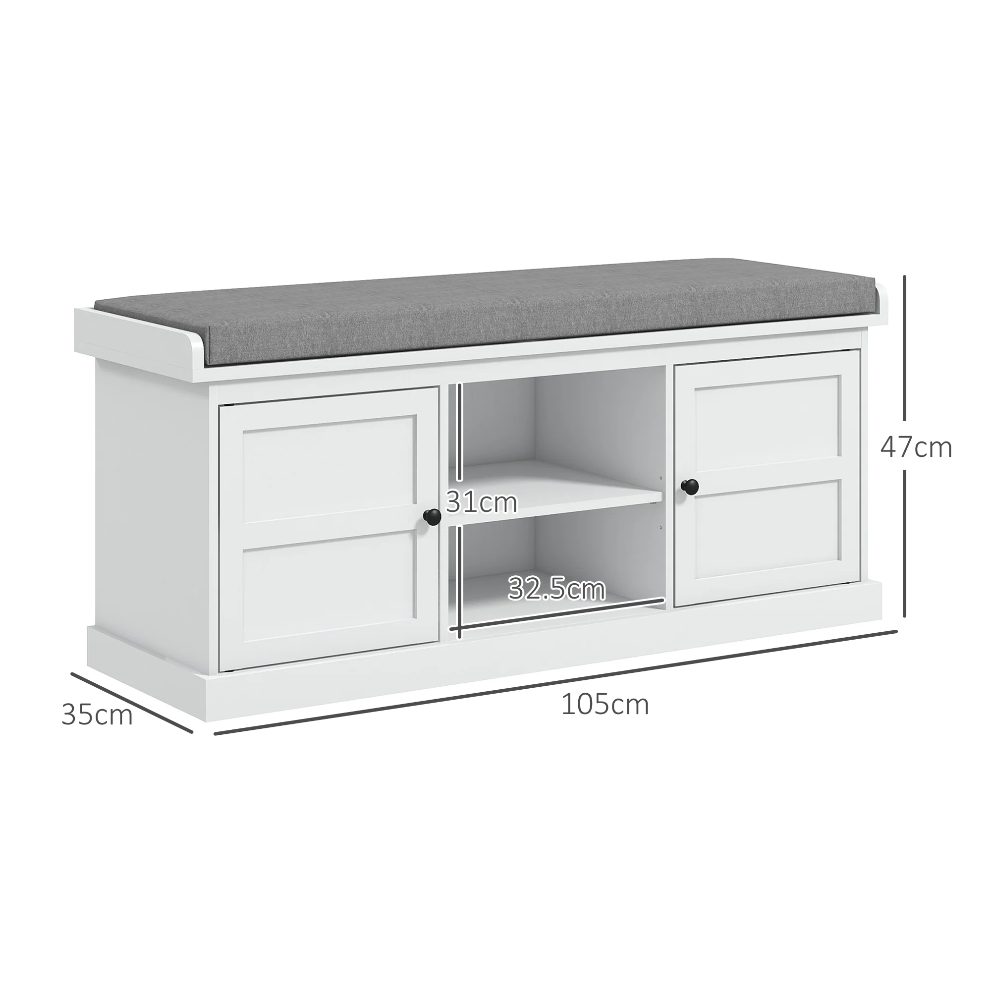 HOMCOM Shoe Storage Bench with Cushion 2 Cabinets for Entryway Hallway White - Image 5