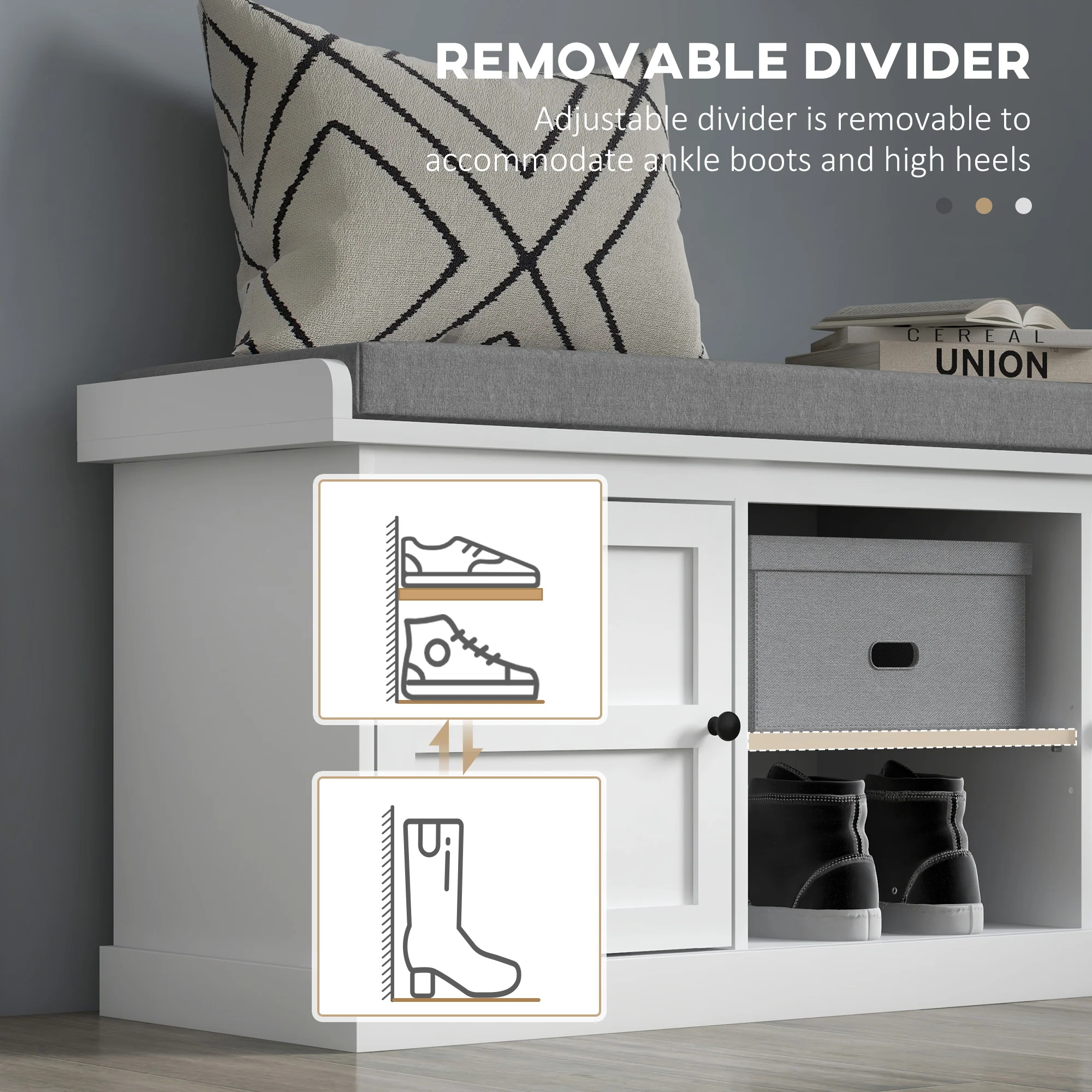 HOMCOM Shoe Storage Bench with Cushion 2 Cabinets for Entryway Hallway White - Image 7