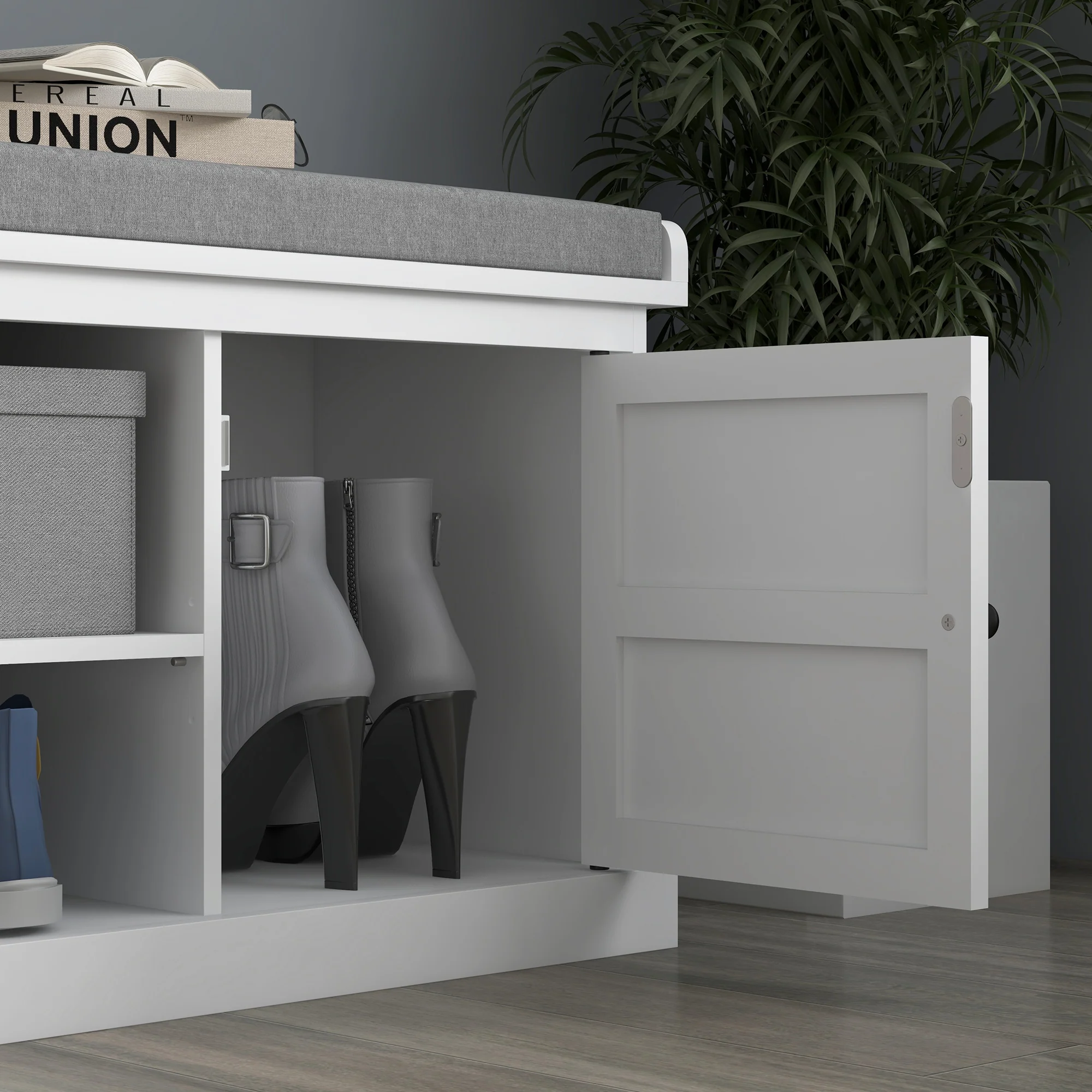 HOMCOM Shoe Storage Bench with Cushion 2 Cabinets for Entryway Hallway White - Image 9