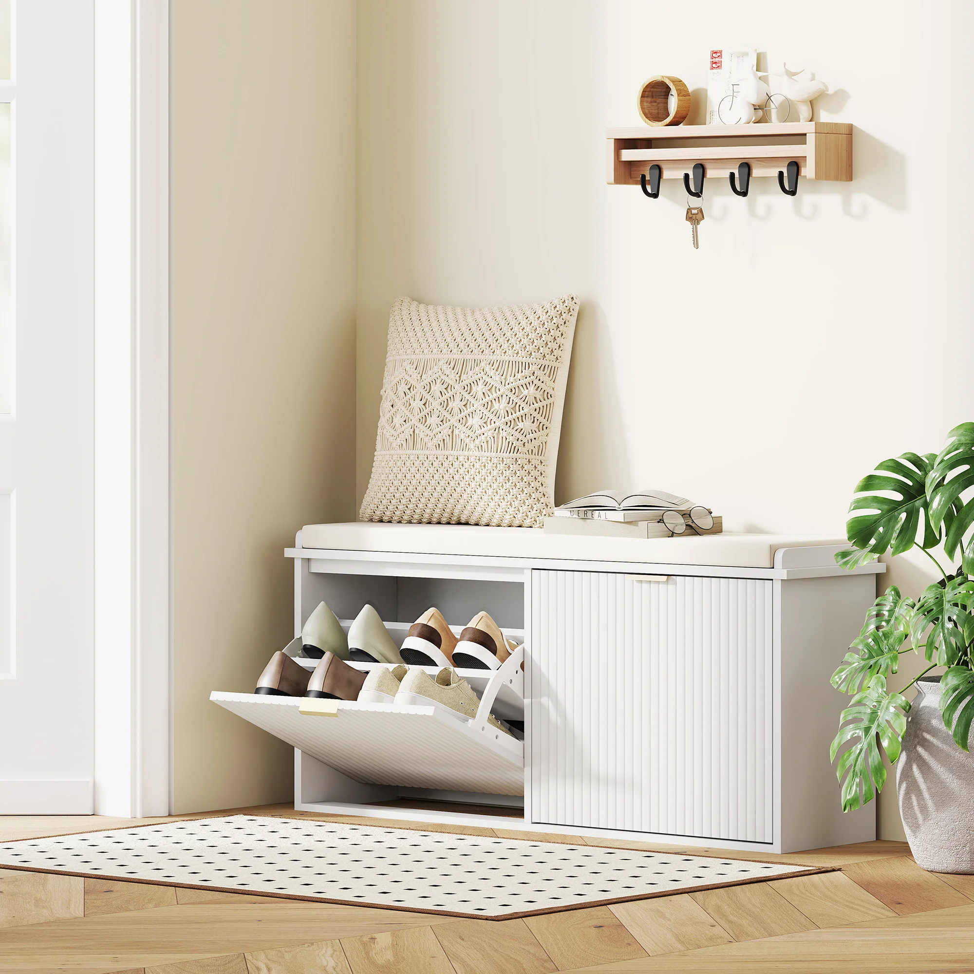 HOMCOM Shoe Storage Bench With Cushion And Flip-Drawer 104x26x47.5cm - Image 11
