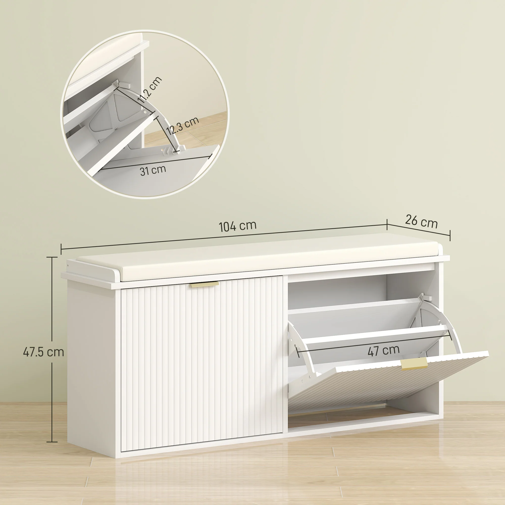 HOMCOM Shoe Storage Bench With Cushion And Flip-Drawer 104x26x47.5cm - Image 14