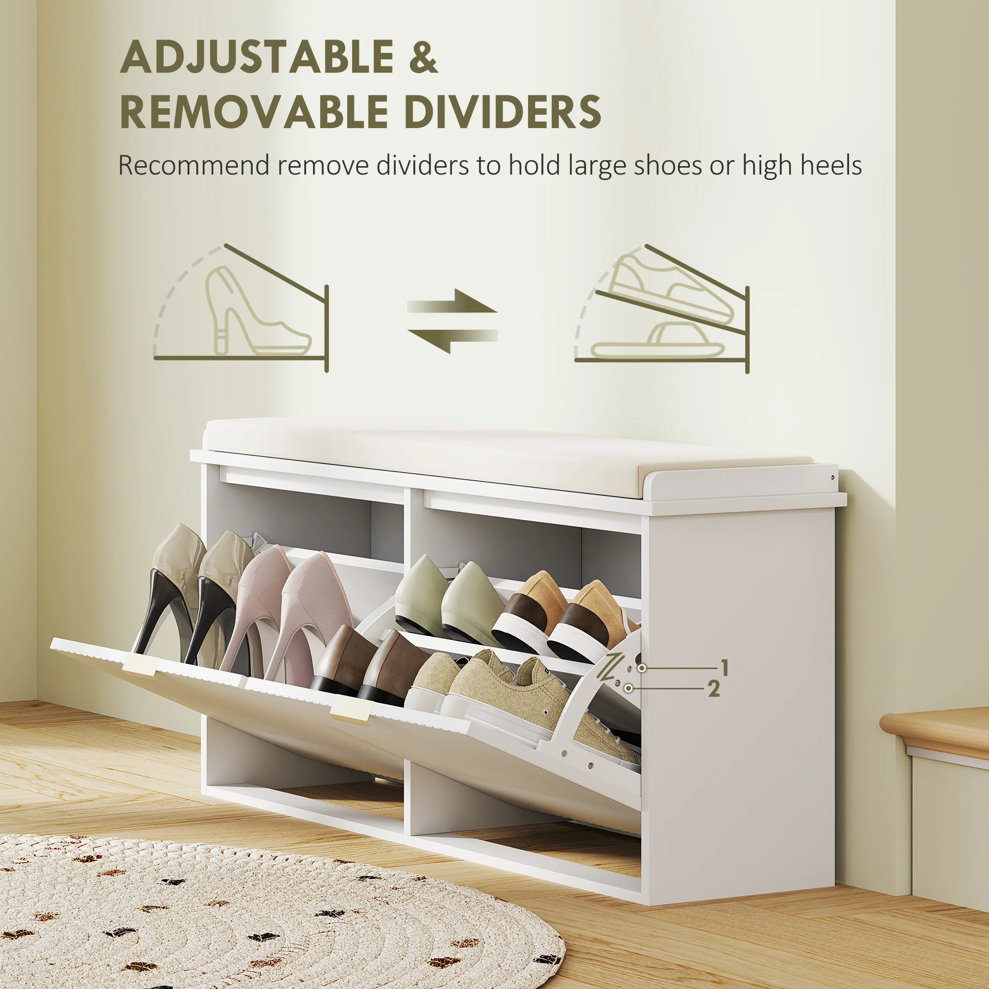 HOMCOM Shoe Storage Bench With Cushion And Flip-Drawer 104x26x47.5cm - Image 15