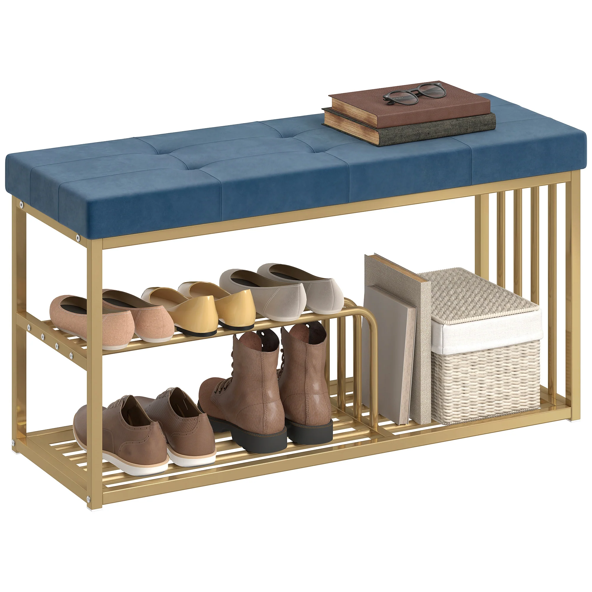 HOMCOM Shoe Storage Bench with Seat Cushion Tufted Shoe Rack Bench Dark Blue