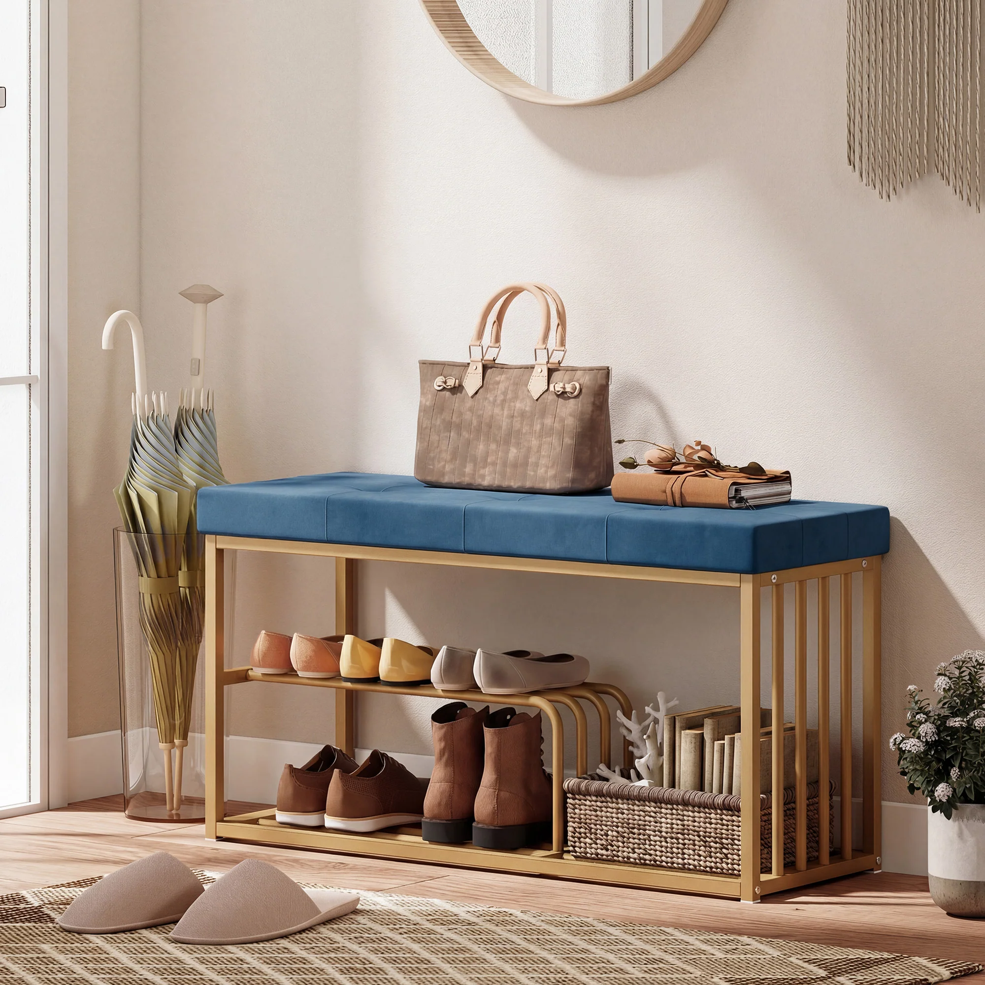 HOMCOM Shoe Storage Bench with Seat Cushion Tufted Shoe Rack Bench Dark Blue - Image 2