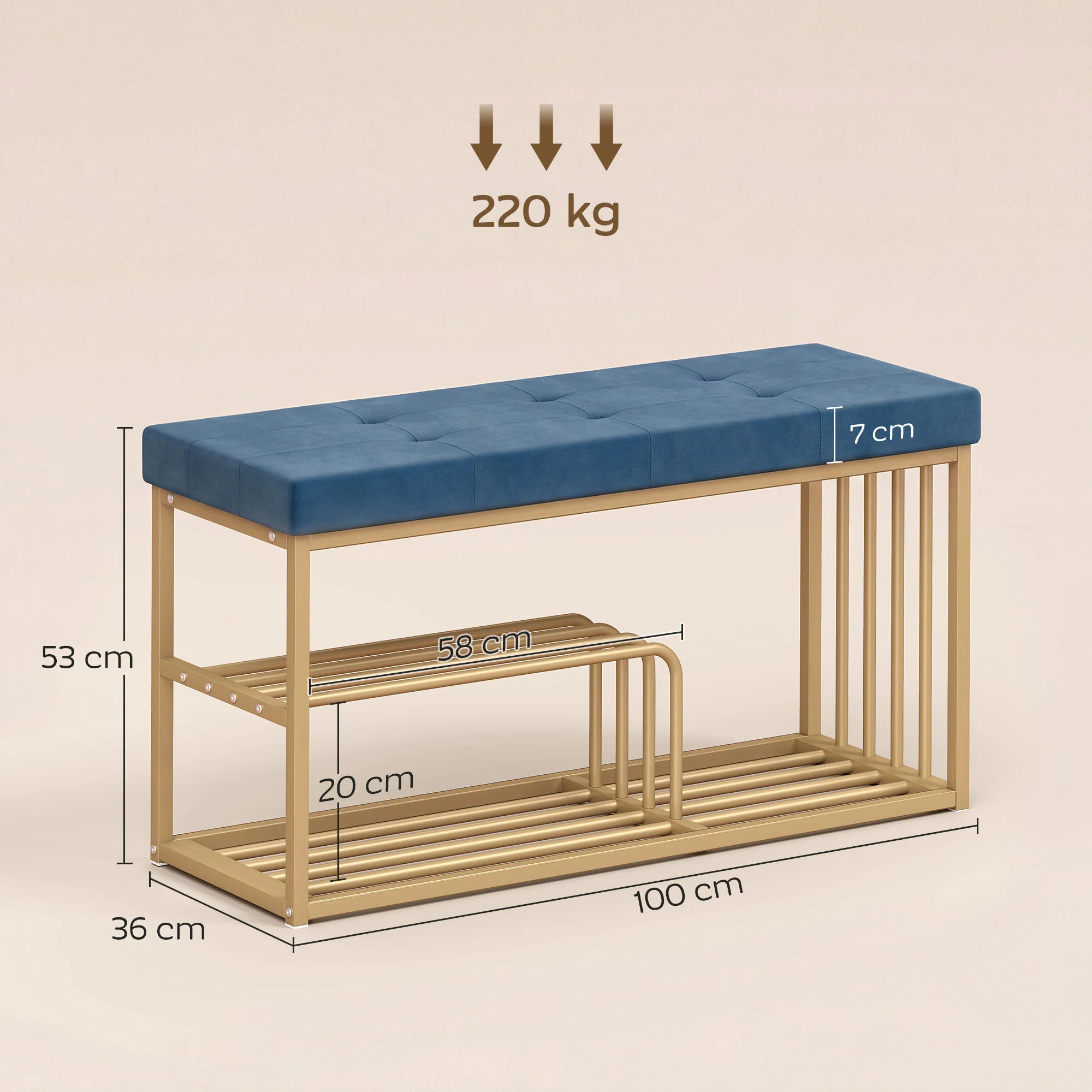 HOMCOM Shoe Storage Bench with Seat Cushion Tufted Shoe Rack Bench Dark Blue - Image 3