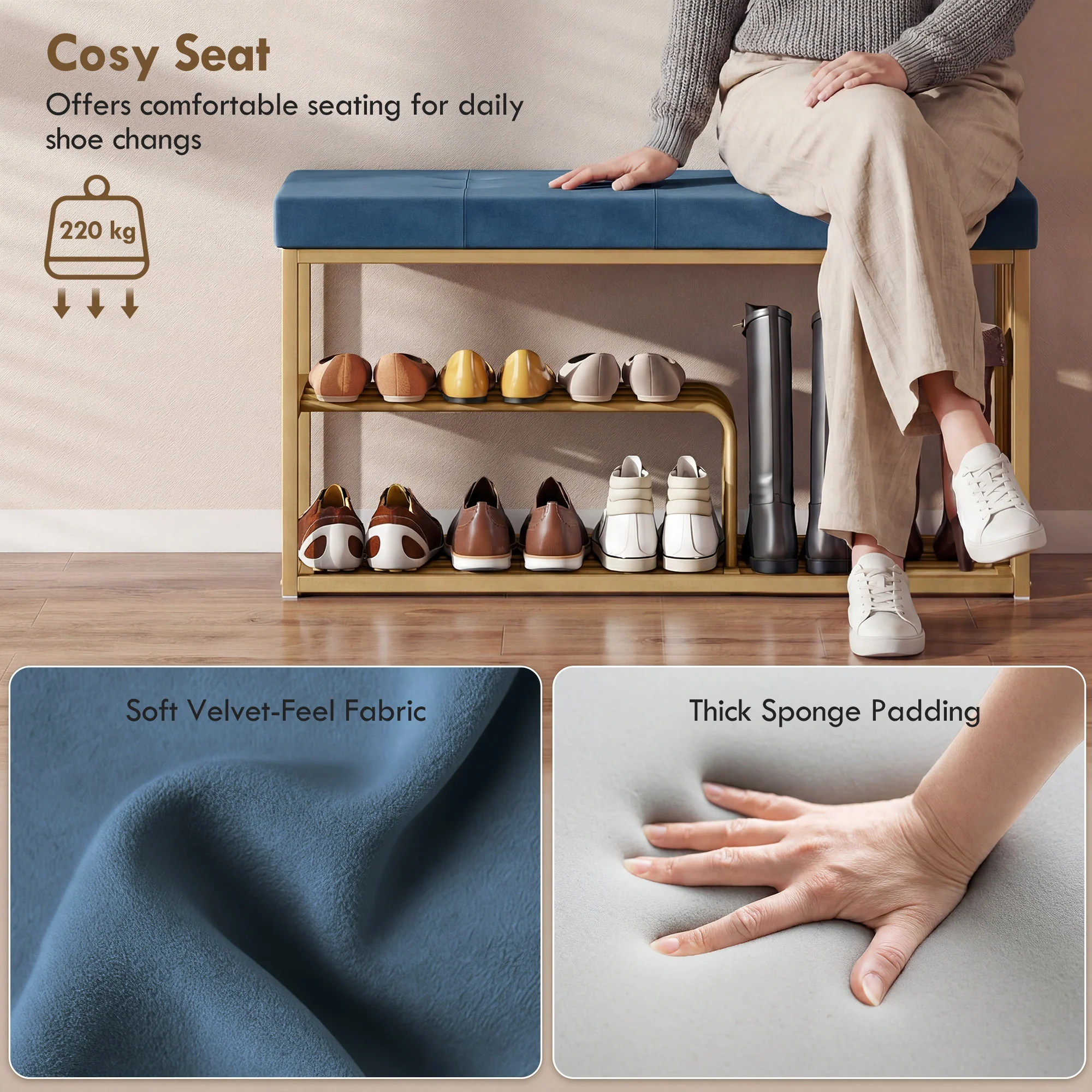HOMCOM Shoe Storage Bench with Seat Cushion Tufted Shoe Rack Bench Dark Blue - Image 5