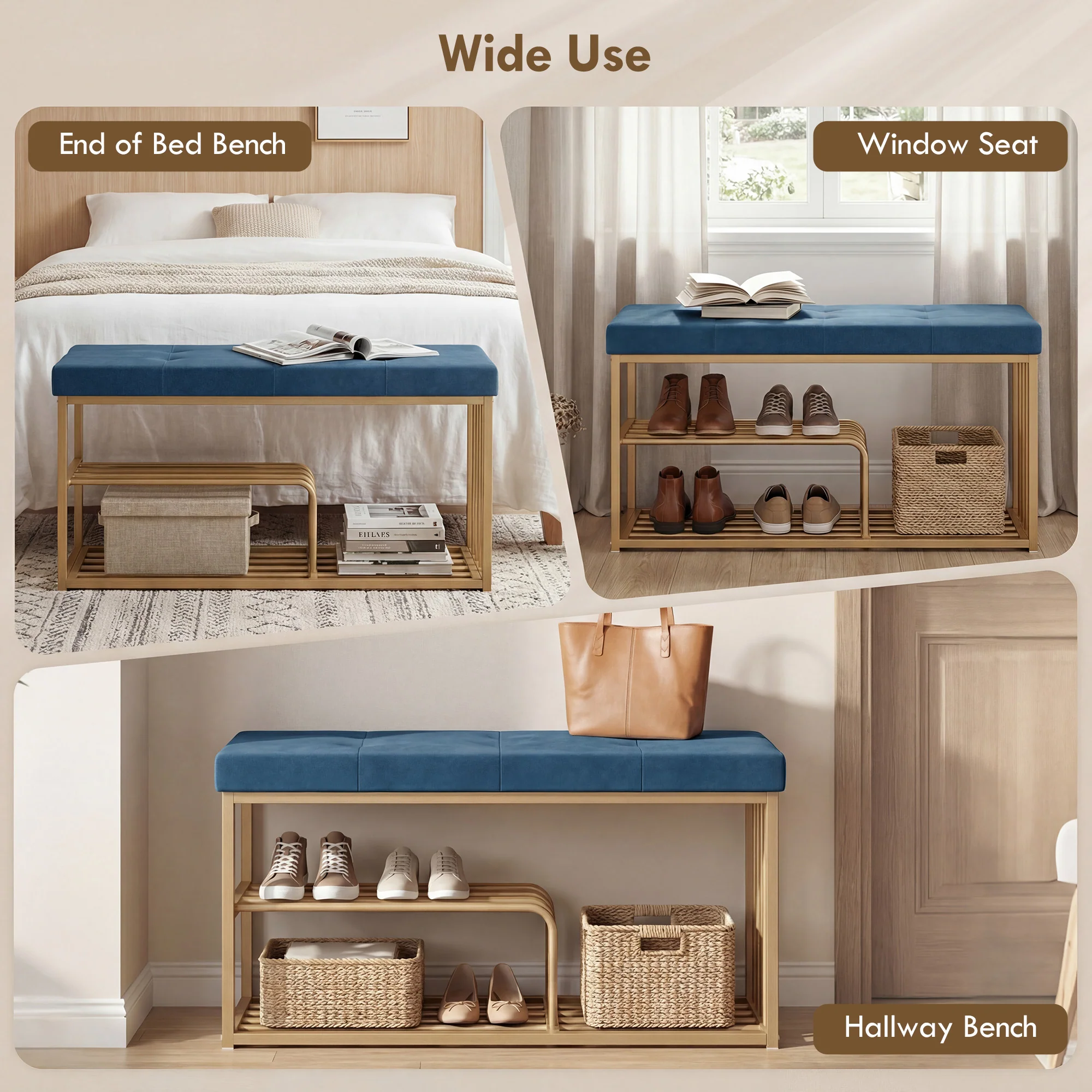 HOMCOM Shoe Storage Bench with Seat Cushion Tufted Shoe Rack Bench Dark Blue - Image 7