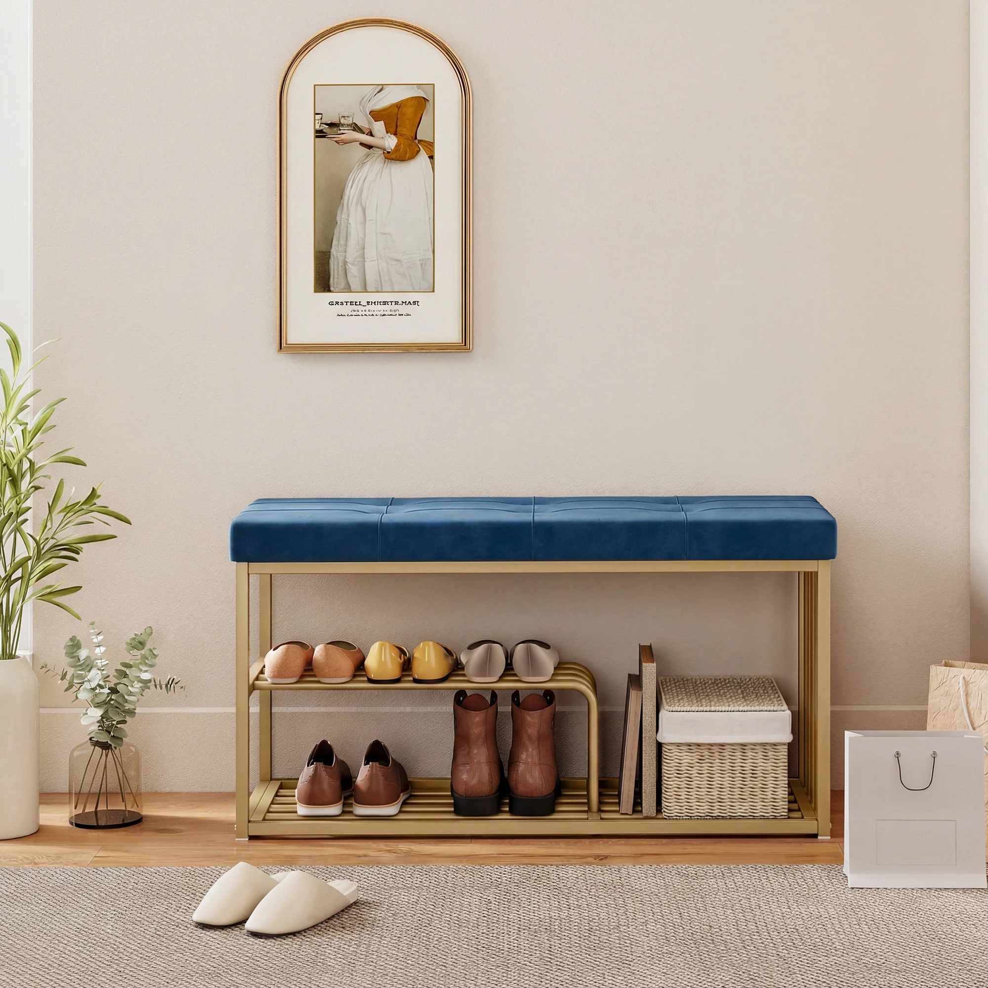 HOMCOM Shoe Storage Bench with Seat Cushion Tufted Shoe Rack Bench Dark Blue - Image 8