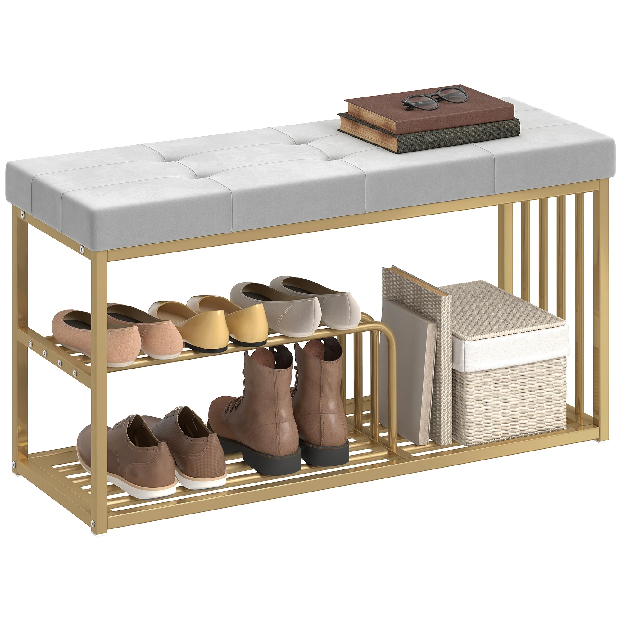 HOMCOM Shoe Storage Bench with Seat Cushion Tufted Shoe Rack Bench Grey