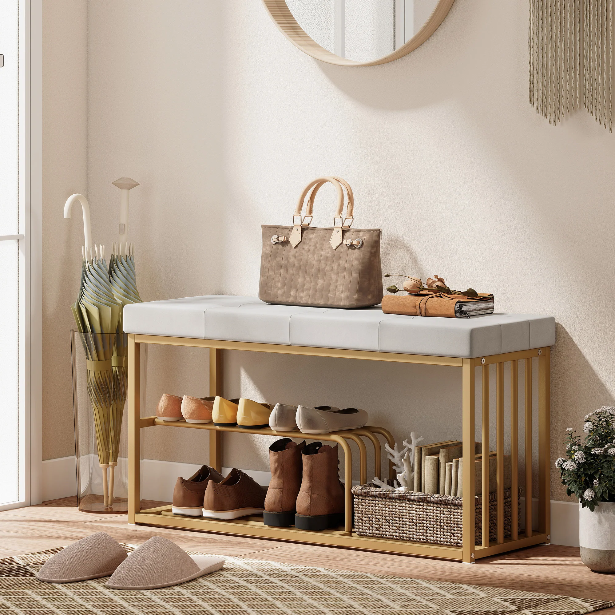 HOMCOM Shoe Storage Bench with Seat Cushion Tufted Shoe Rack Bench Grey - Image 2
