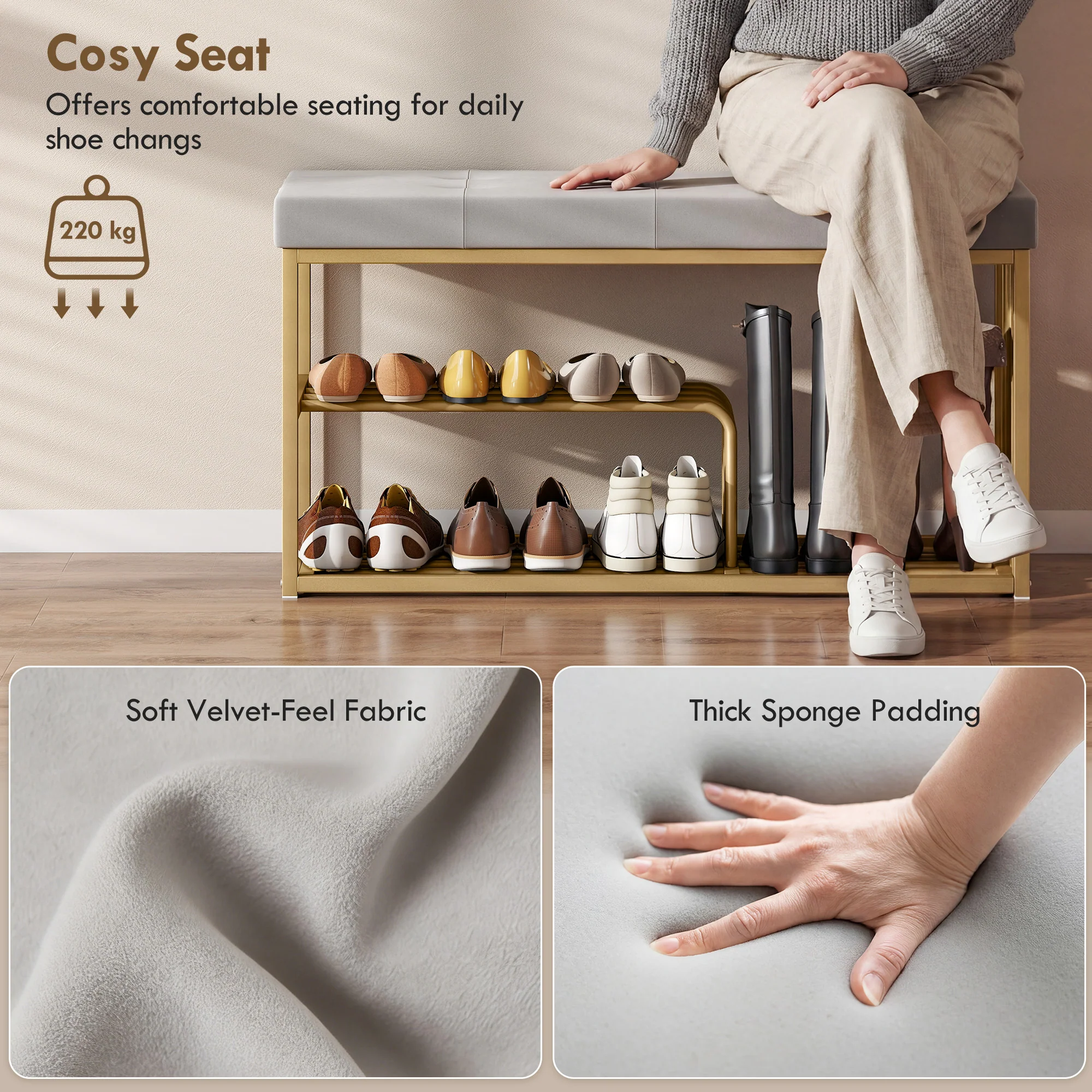 HOMCOM Shoe Storage Bench with Seat Cushion Tufted Shoe Rack Bench Grey - Image 5