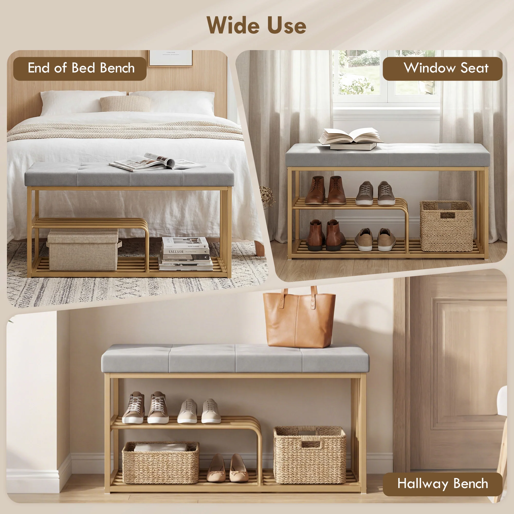 HOMCOM Shoe Storage Bench with Seat Cushion Tufted Shoe Rack Bench Grey - Image 7