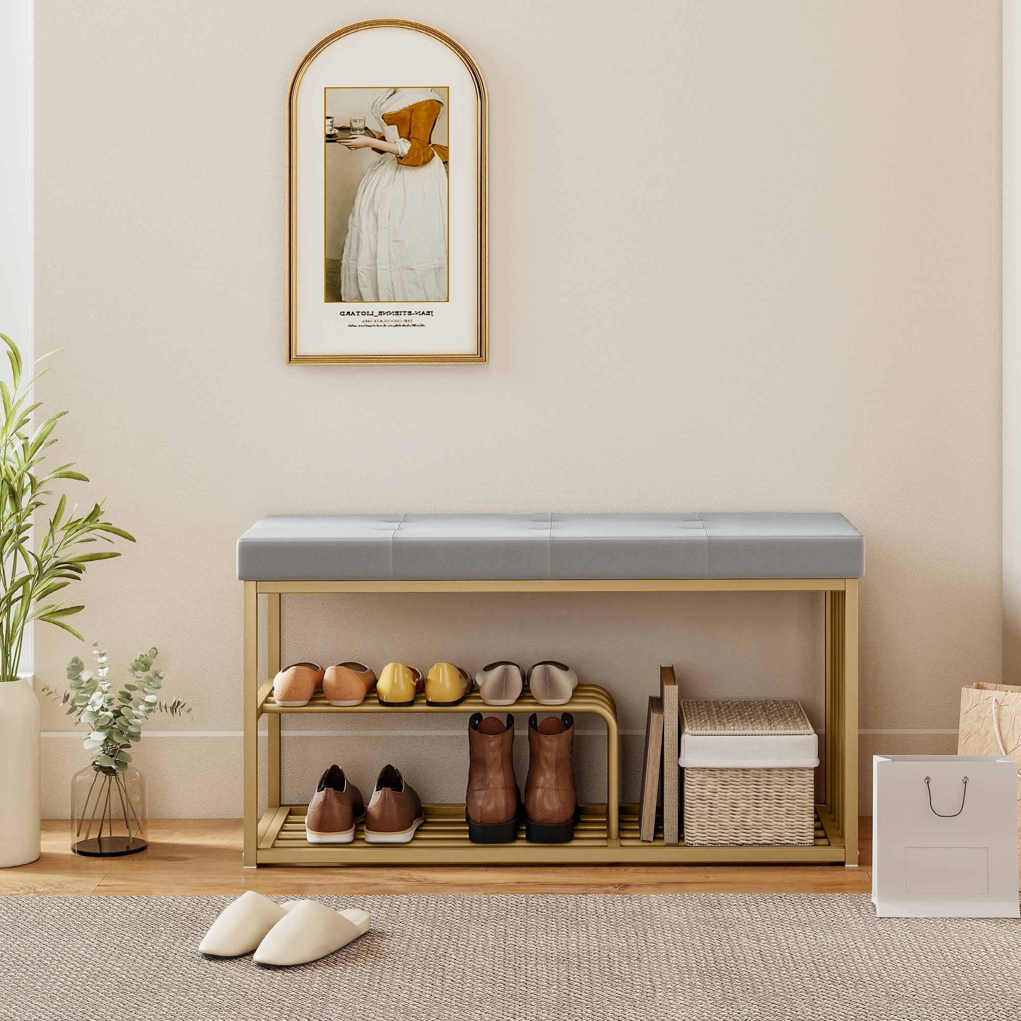 HOMCOM Shoe Storage Bench with Seat Cushion Tufted Shoe Rack Bench Grey - Image 8