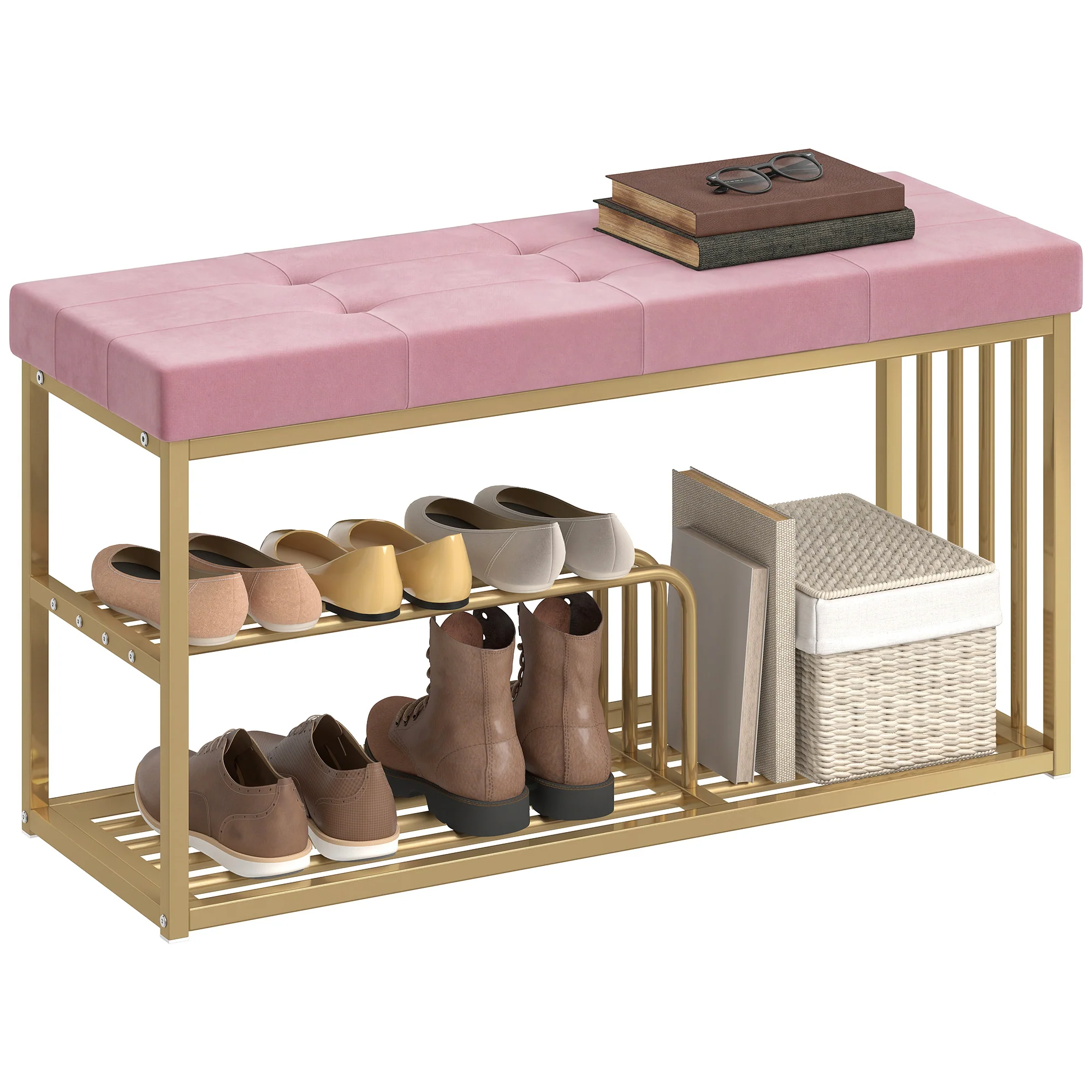 HOMCOM Shoe Storage Bench with Seat Cushion Tufted Shoe Rack Bench Pink