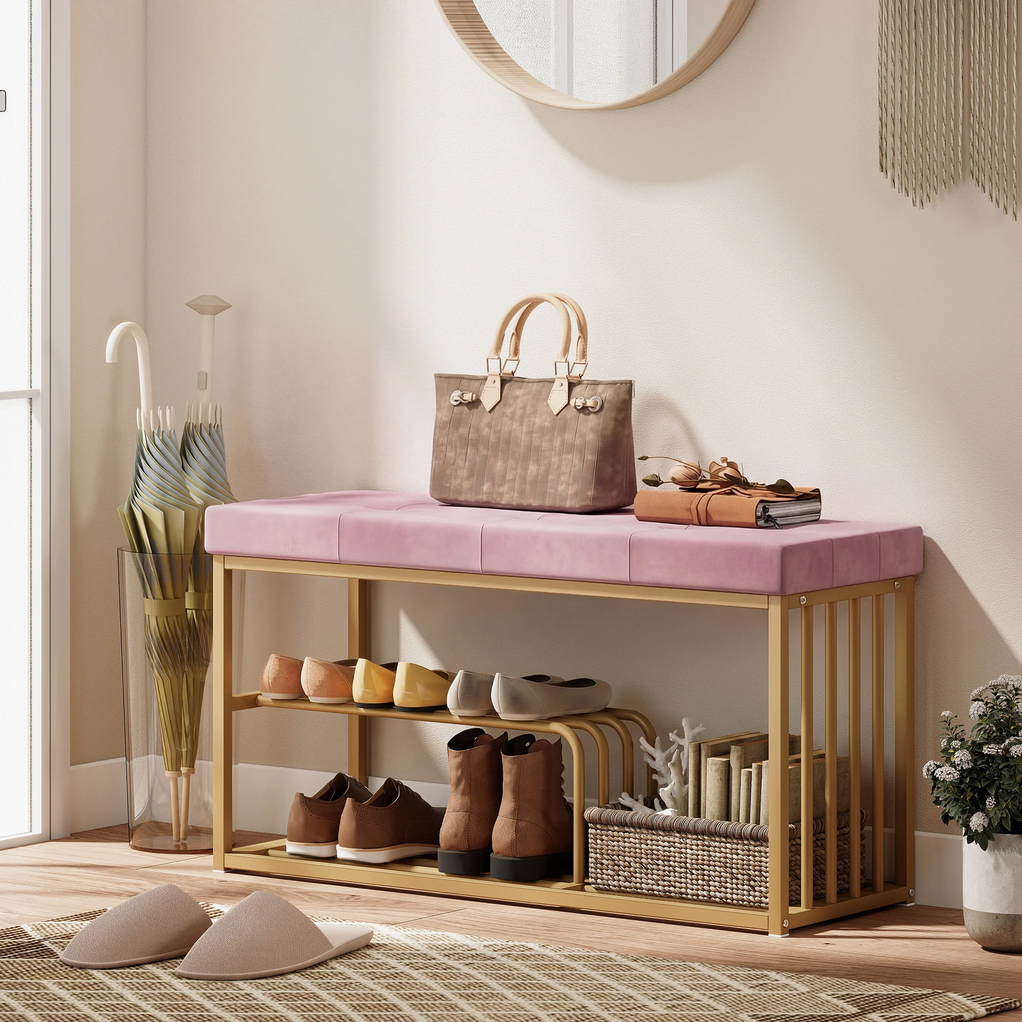 HOMCOM Shoe Storage Bench with Seat Cushion Tufted Shoe Rack Bench Pink - Image 2