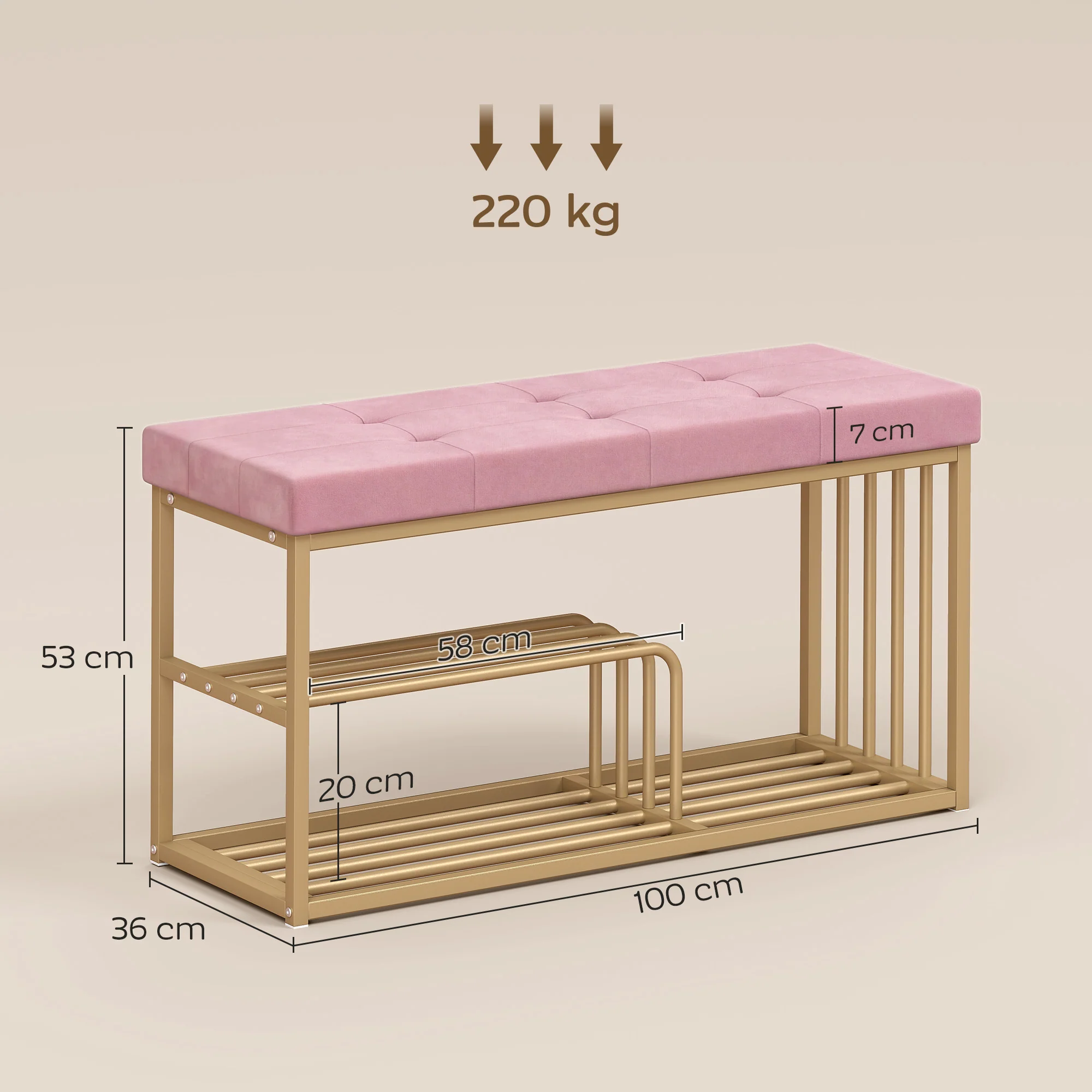 HOMCOM Shoe Storage Bench with Seat Cushion Tufted Shoe Rack Bench Pink - Image 3