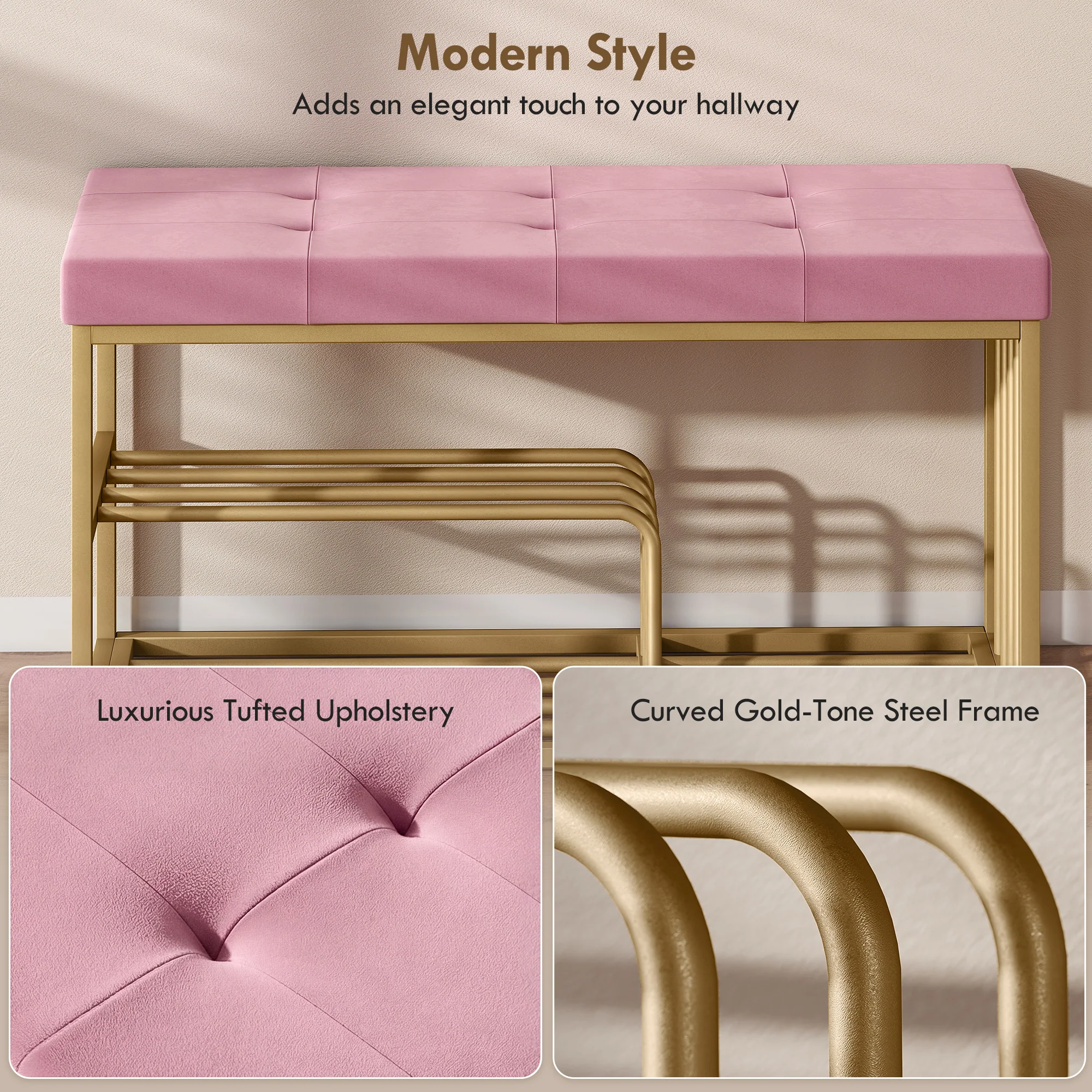 HOMCOM Shoe Storage Bench with Seat Cushion Tufted Shoe Rack Bench Pink - Image 4