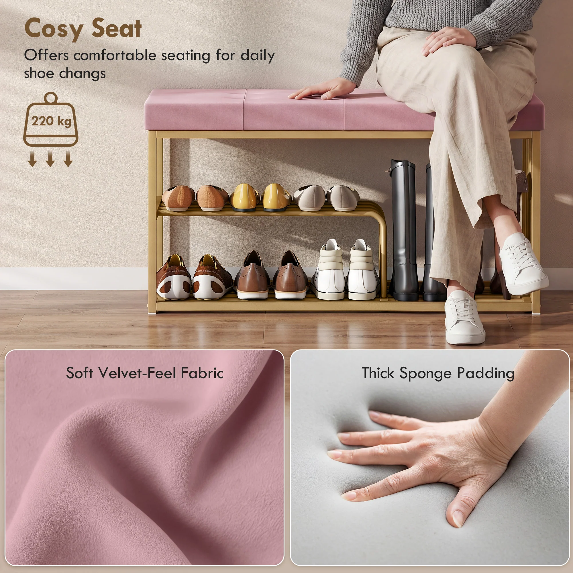 HOMCOM Shoe Storage Bench with Seat Cushion Tufted Shoe Rack Bench Pink - Image 5