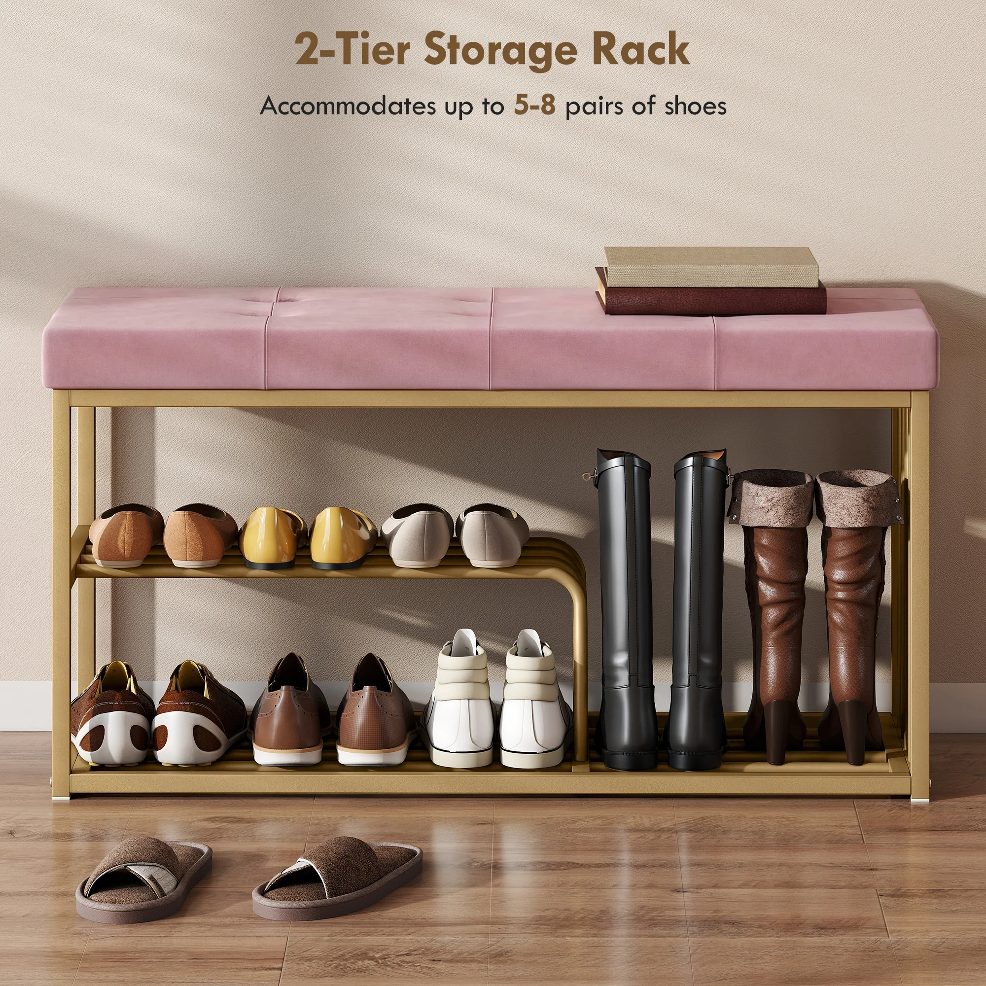 HOMCOM Shoe Storage Bench with Seat Cushion Tufted Shoe Rack Bench Pink - Image 6