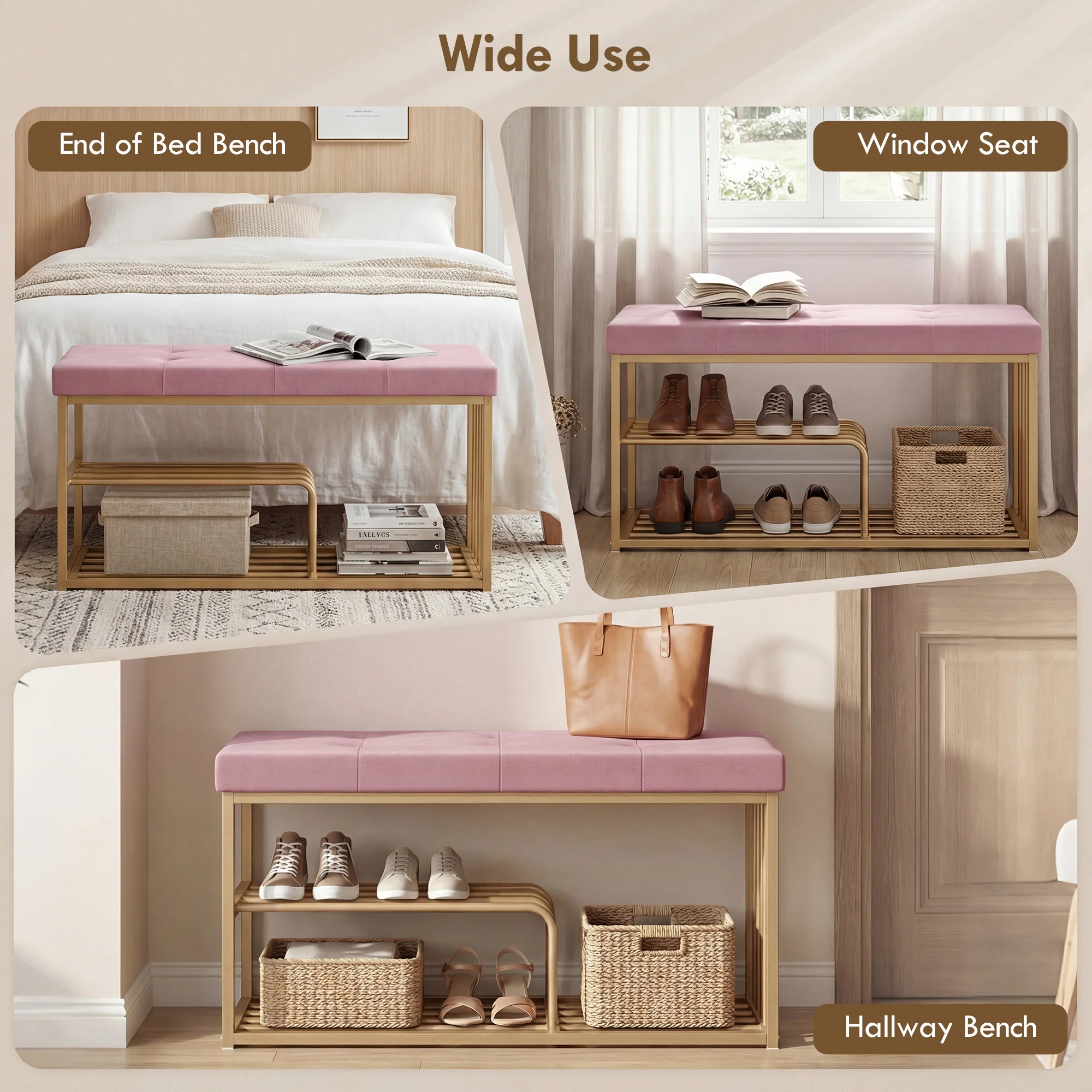 HOMCOM Shoe Storage Bench with Seat Cushion Tufted Shoe Rack Bench Pink - Image 7