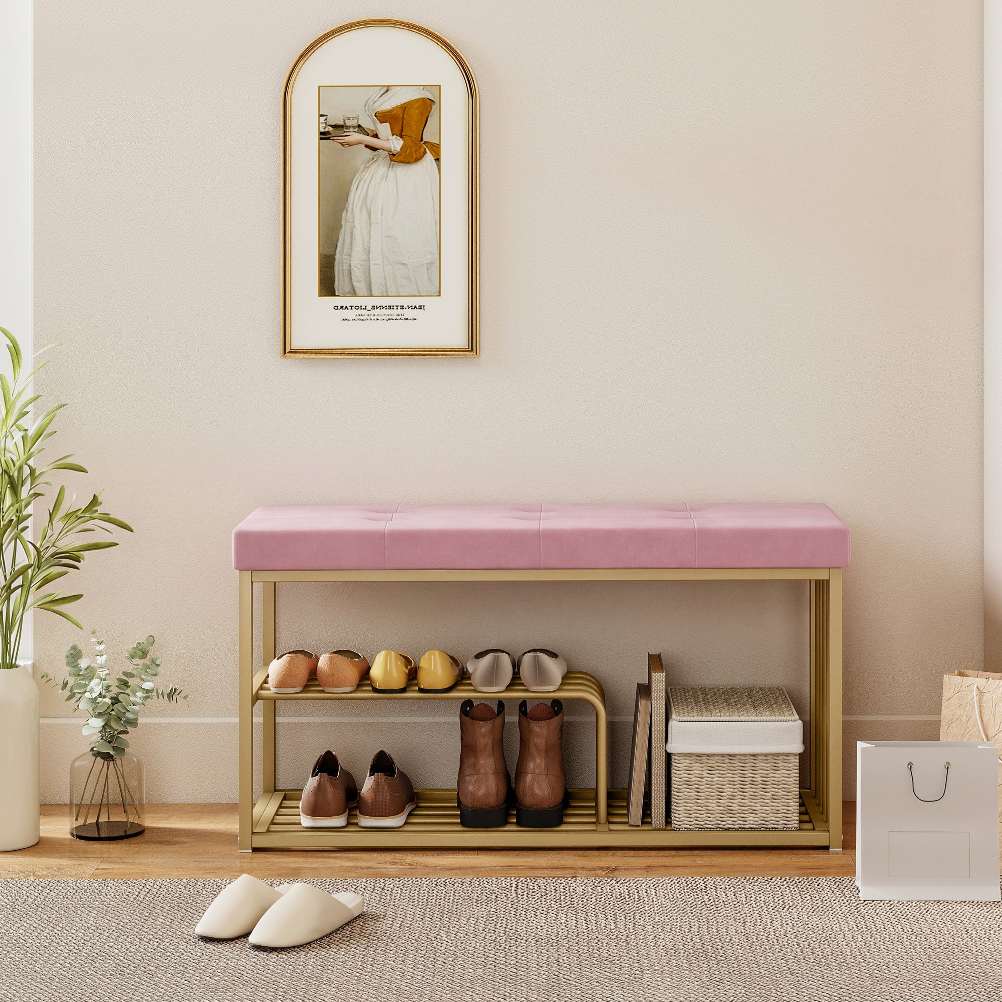 HOMCOM Shoe Storage Bench with Seat Cushion Tufted Shoe Rack Bench Pink - Image 8