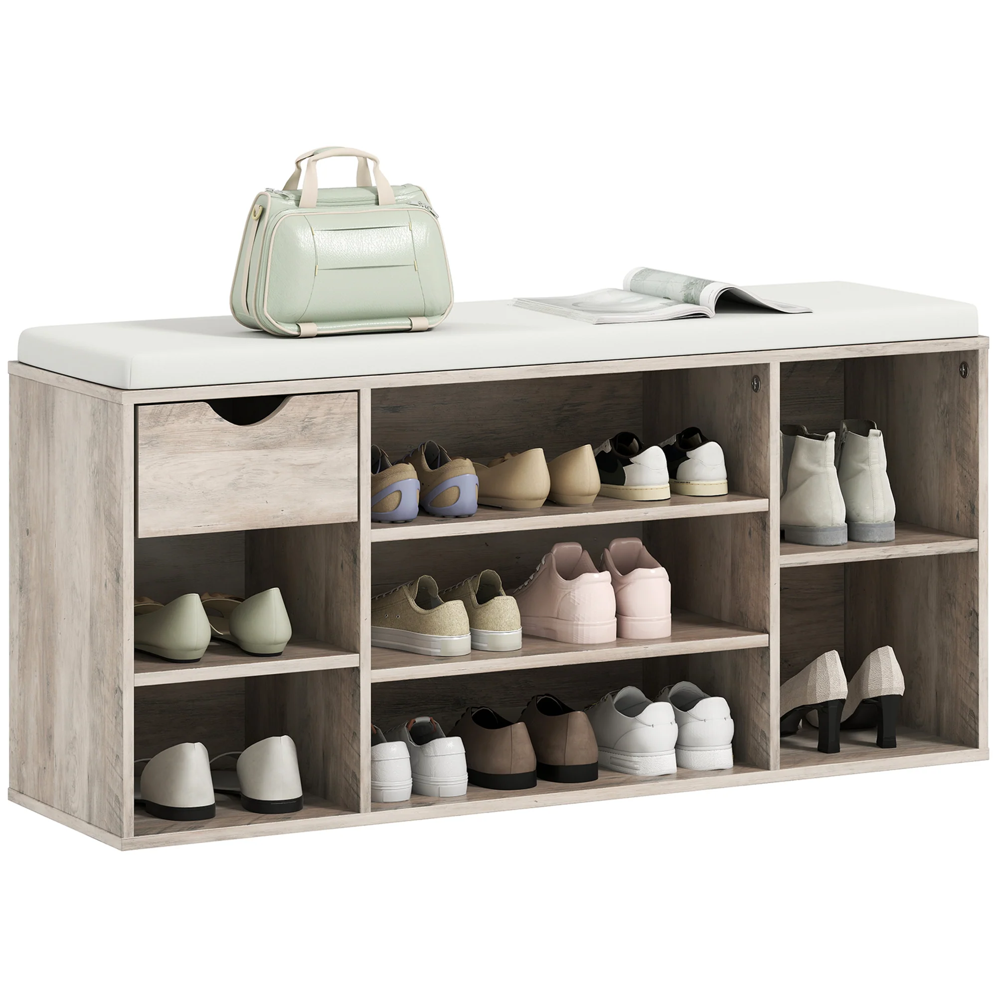 HOMCOM Shoe Storage Cabinet Bench w/ Cushion Adjustable Shelves Grey