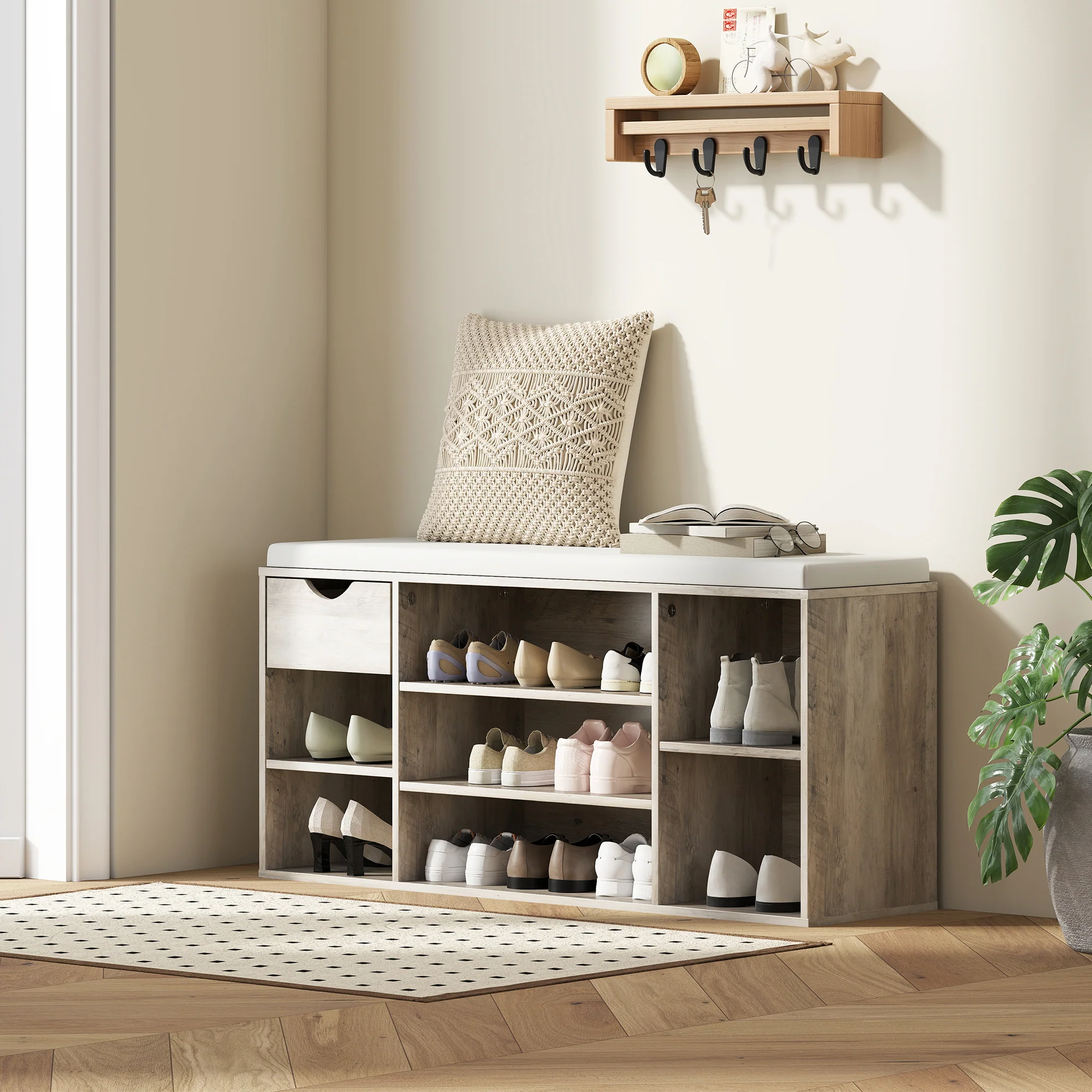 HOMCOM Shoe Storage Cabinet Bench w/ Cushion Adjustable Shelves Grey - Image 2