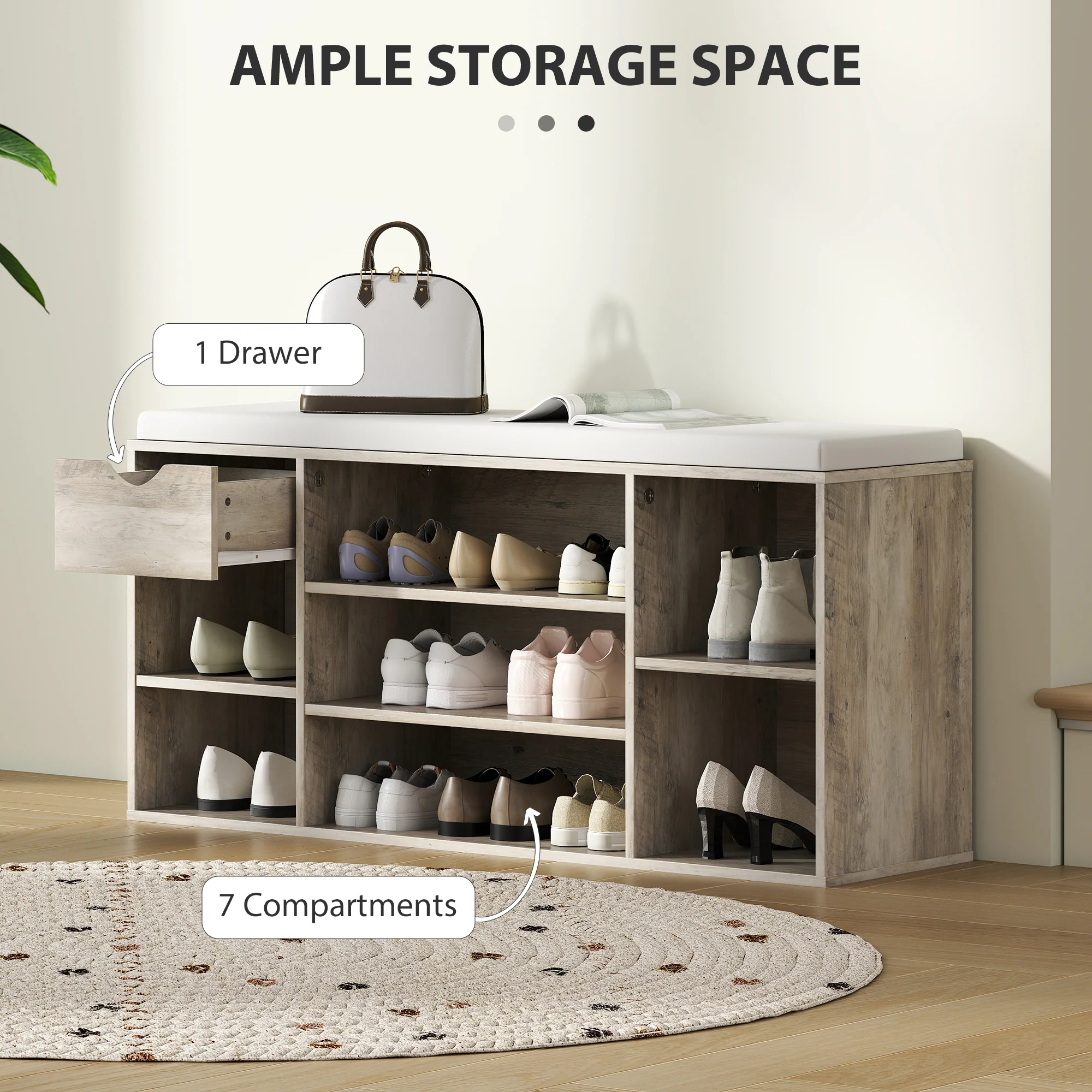 HOMCOM Shoe Storage Cabinet Bench w/ Cushion Adjustable Shelves Grey - Image 3